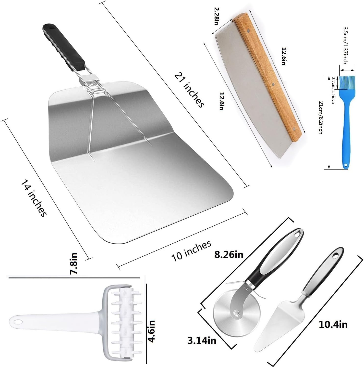 Pizza Making Kit (6 Pc Set) with 14 inch Pizza Cutter, Folding Pizza Peel, Cutter Rocker, Pizza Server, Cutter Wheel, Dough Docker, Oil Brush - DIY Homemade Pizza Oven Accessories & Tools