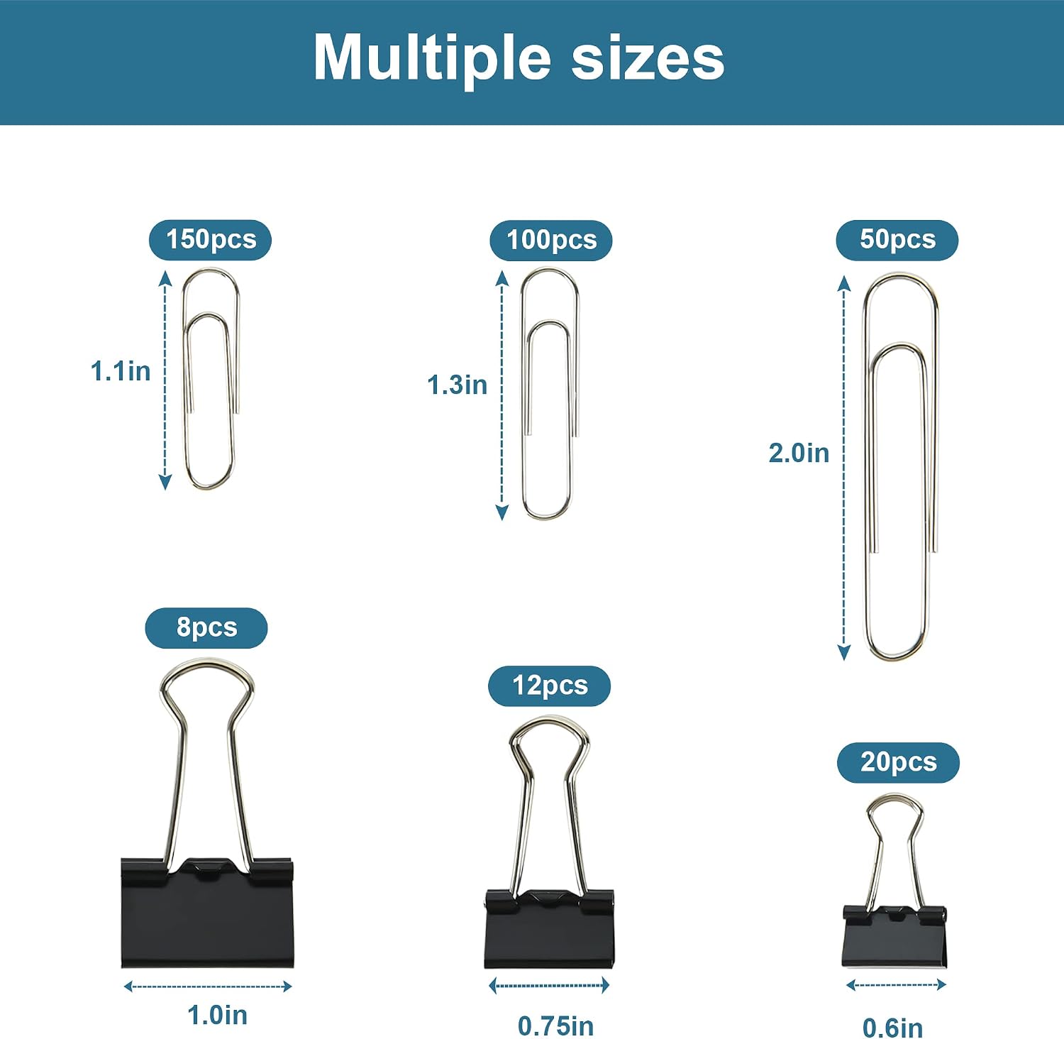 Binder Clips Paper Clips, 340pcs Black Binder Clips Sliver Paperclips Set, Paper Clamps for Office, School Supplies, Assorted Sizes Large, Medium, Small Metal Clips in Container with Compartments