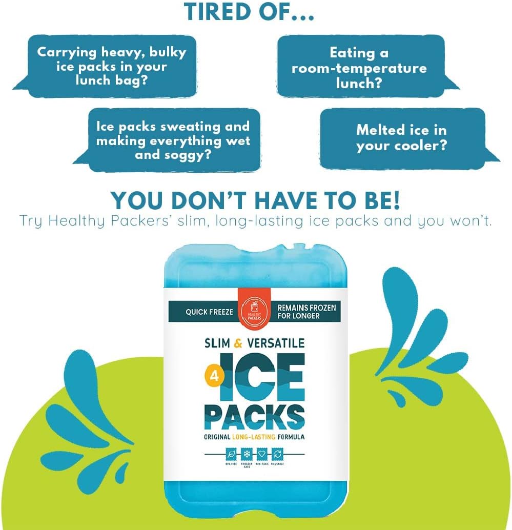 Healthy Packers Ice Packs for Coolers - Freezer Packs - Original Cool Pack | Cooler Accessories for the Beach, Camping and Fishing | Slim & Long-Lasting Reusable Ice Pack for Lunch Box (Set of 4)