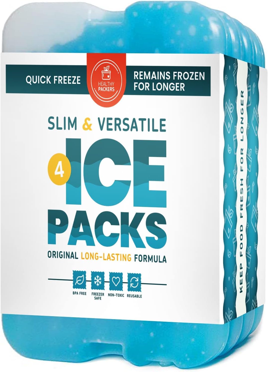 Healthy Packers Ice Packs for Coolers - Freezer Packs - Original Cool Pack | Cooler Accessories for the Beach, Camping and Fishing | Slim & Long-Lasting Reusable Ice Pack for Lunch Box (Set of 4)