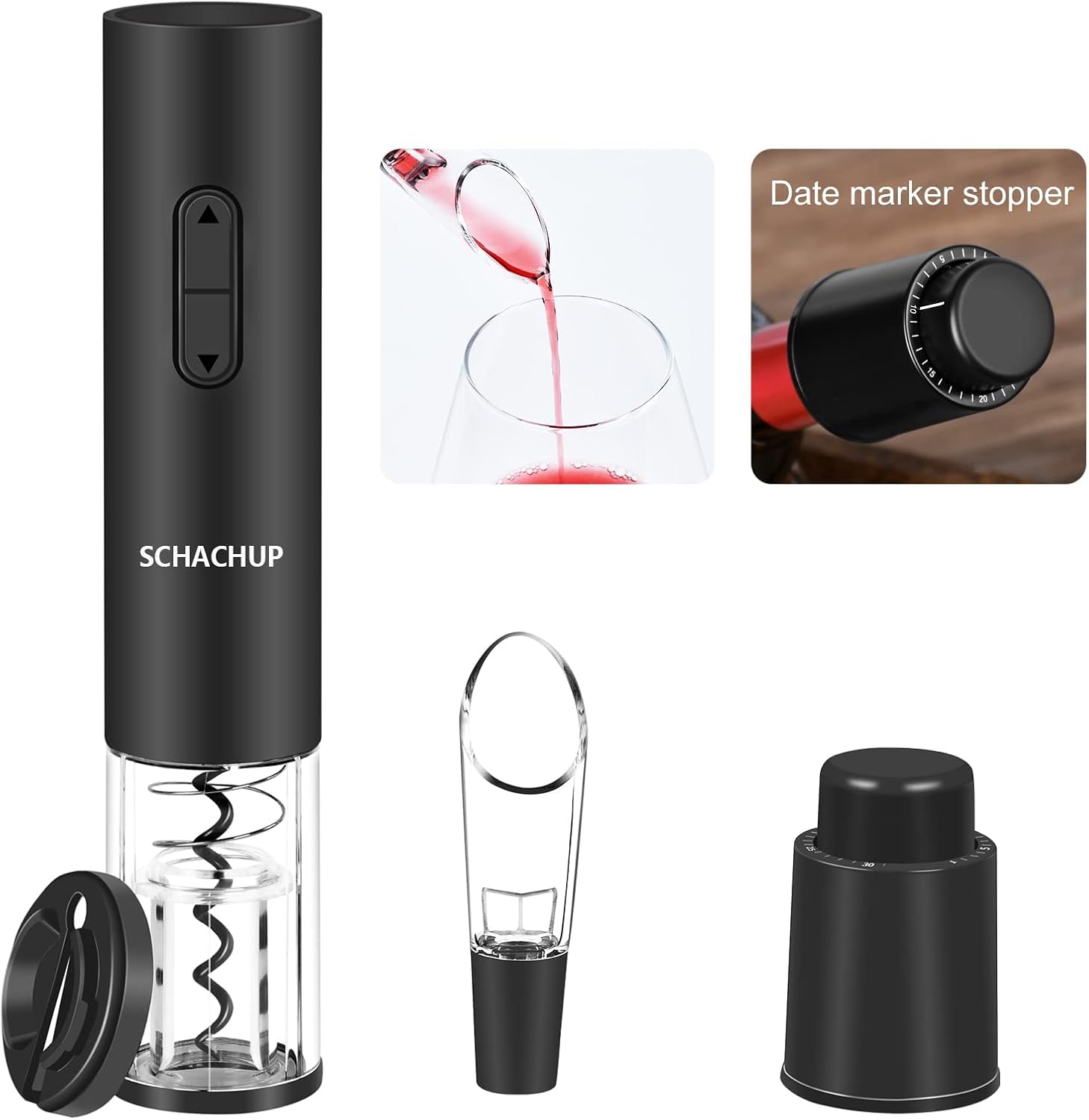 SCHACHUP Electric Wine Bottle Opener,Automatic Wine Opener Set,Wine Corkscrew with Wine Vacuum stopper, Wine Aerator Pourer and Foil Cutter Set for Home Kitchen Party Bar Wedding, gift in Black