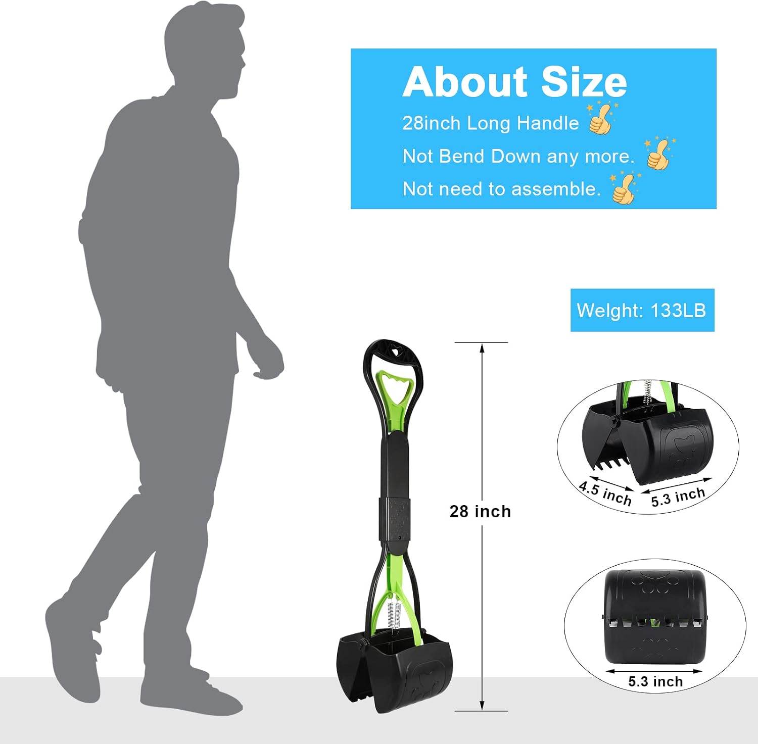 Sunkoon 28inch Non-Breakable Pooper Scooper for Dogs, Long Handle Foldable Portable Dog Scooper with High Strength Durable Spring, Easy to Pick Up for Grass and Gravel