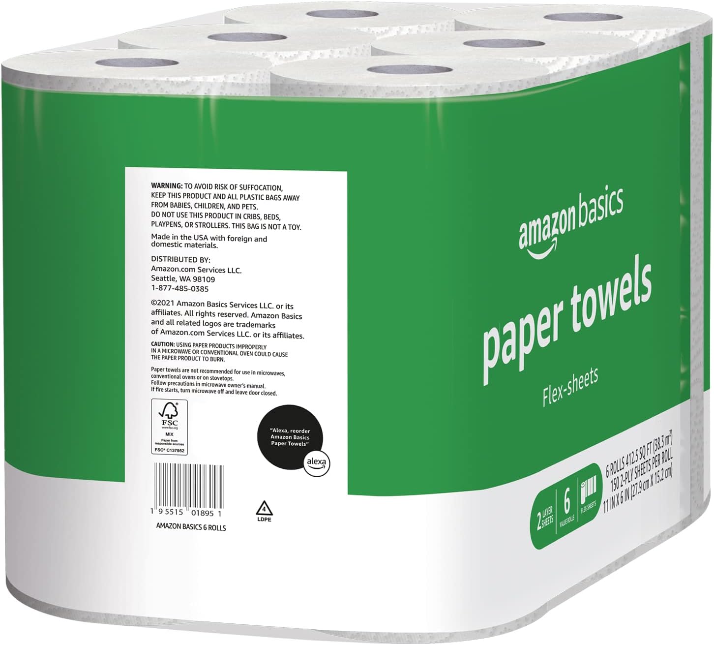 Amazon Basics 2-Ply Paper Towels, Flex-Sheets, 150 Sheets per Roll, 12 Rolls (2 Packs of 6), White