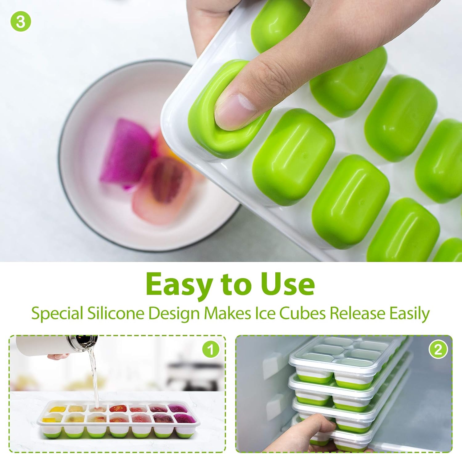 DOQAUS Ice Cube Trays 4 Pack, Easy-Release Silicone & Flexible 14-Ice Cube Trays with Spill-Resistant Removable Lid, LFGB Certified and BPA Free, for Cocktail, Freezer, Stackable Ice Trays with Covers