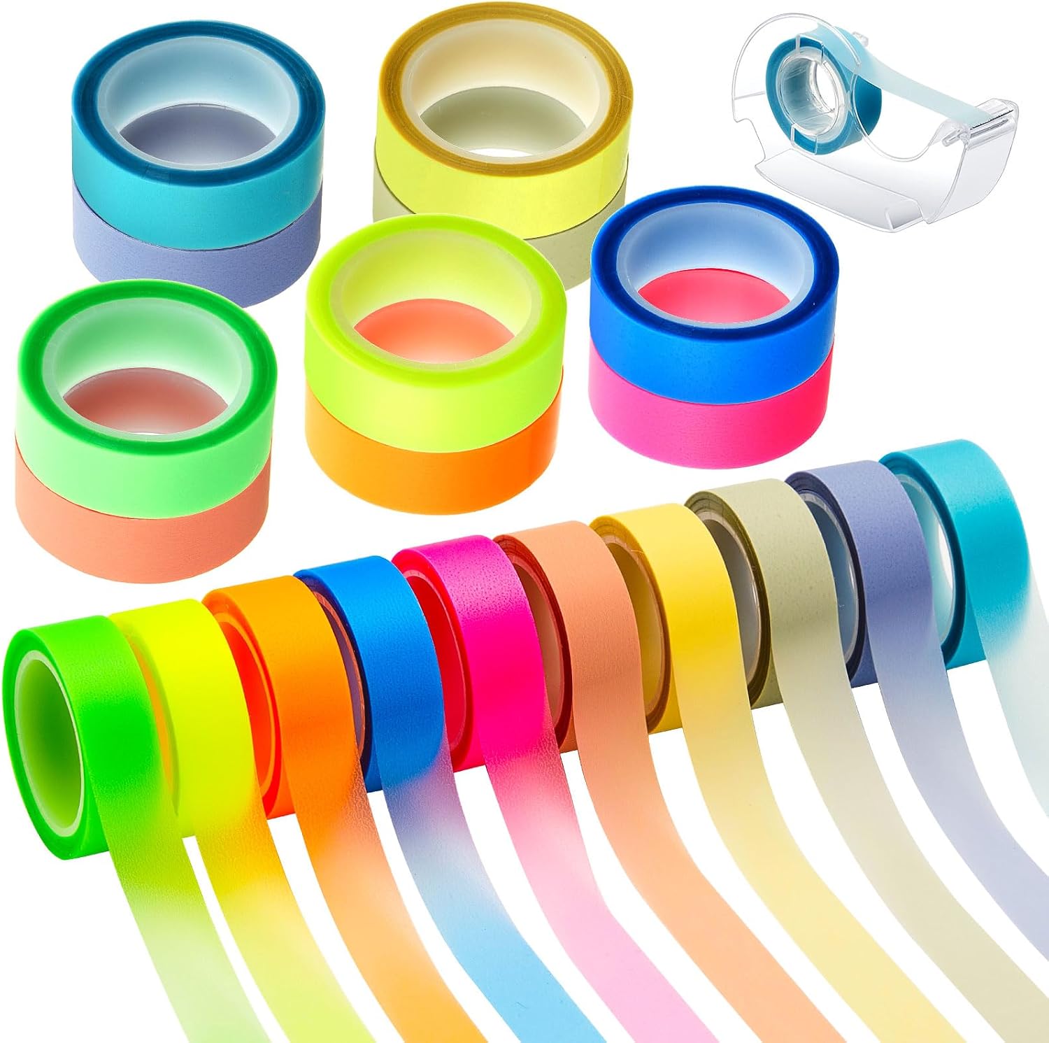 Outus 20 Roll 10 Colours Highlighter Tape Removable 1/2 Inch x 16.4 ft Per Roll Fluorescent Neon Tapes Tape Refills Highlighting Strips with Tape Dispensers for Teacher Student Reading Office Supplies