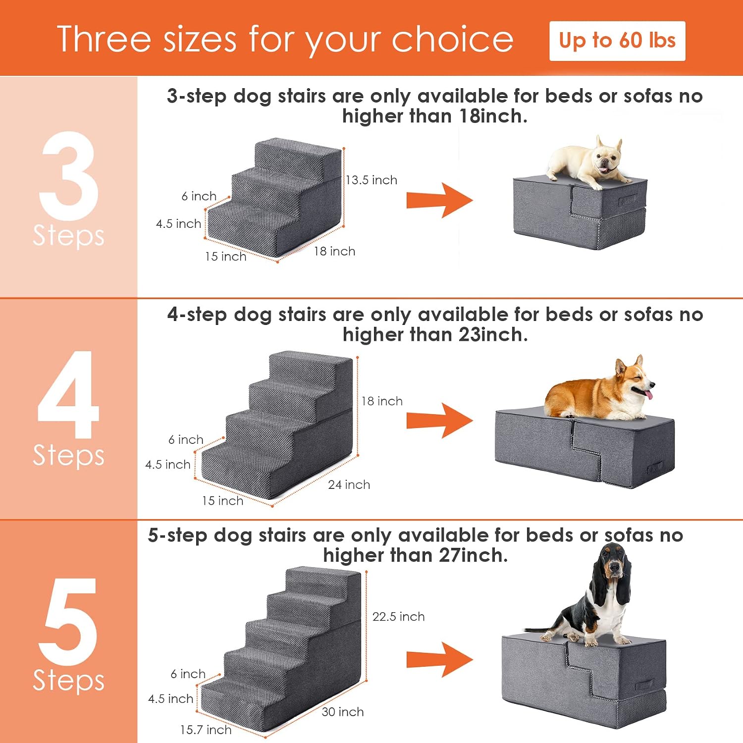EHEYCIGA Dog Stairs for Small Dogs, 4-Step Dog Stairs for High Beds and Couch, Folding Pet Steps for Small Dogs and Cats, and High Bed Climbing, Non-Slip Balanced Dog Indoor Step, Grey, 3/4/5 Steps