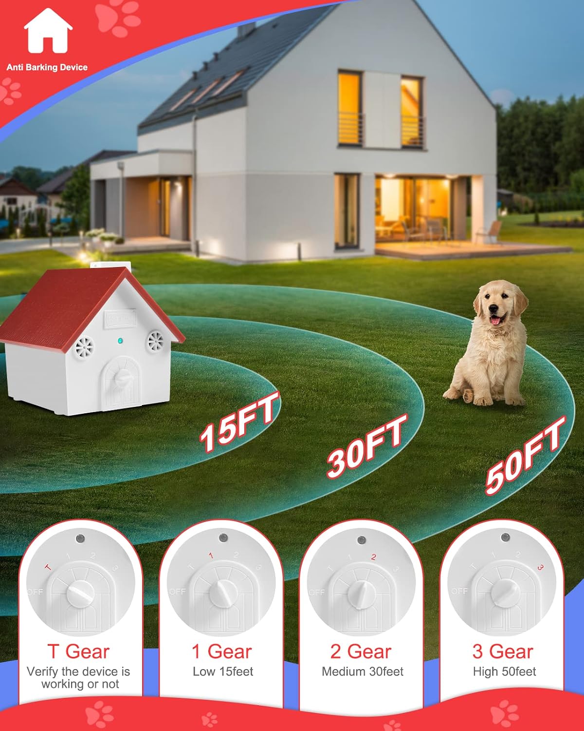 Anti Barking Device,Dog Training & Behavior Aids and Dog Bark Control Device of 50ft Range,Dog Barking Deterrent with 3 Levels,Outdoor Dog Barking Control Device with Waterproof Bark Box (Brick Red)