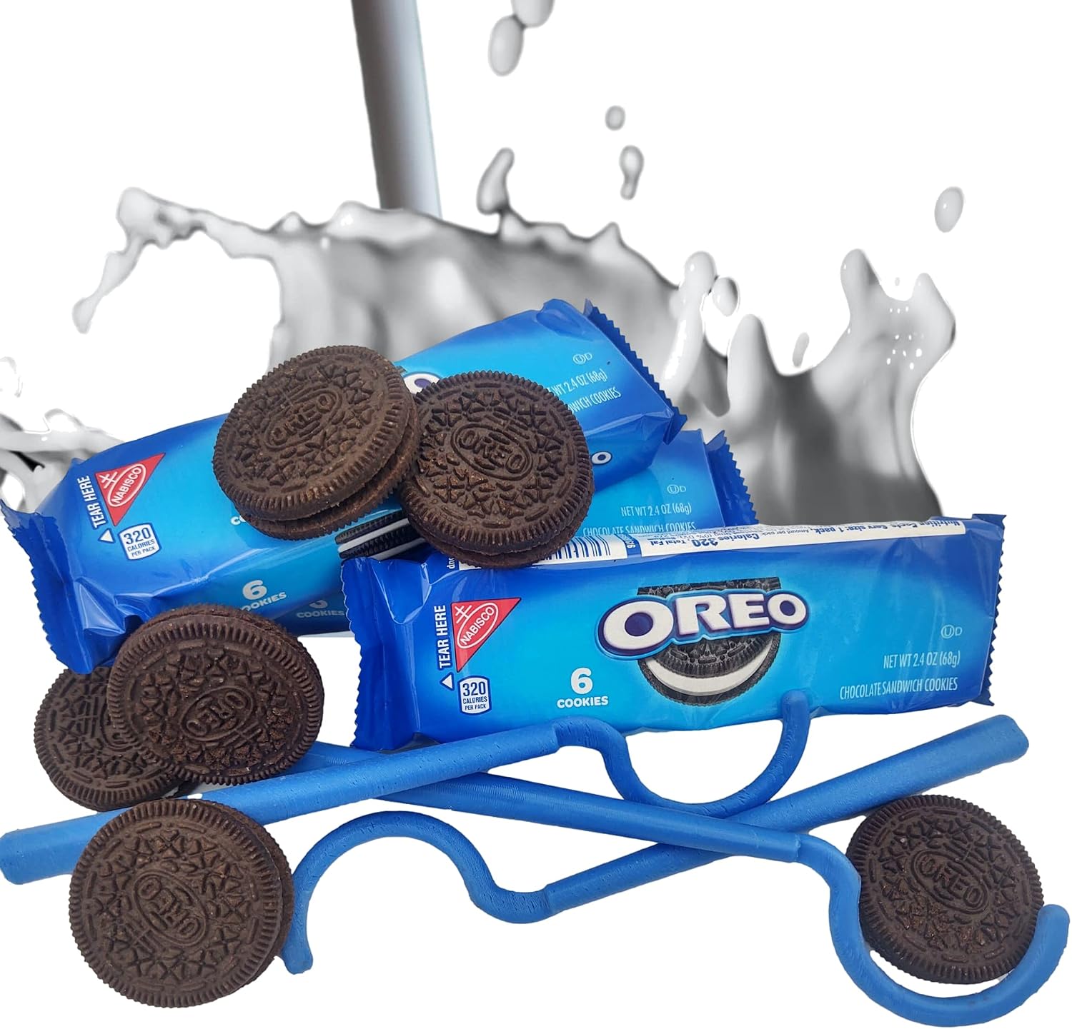 COOKIE DIP AND OREO COOKIES. Three Packages Of Six Cream Filled Sandwich Cookies With Three Milk Dippers Kitchen Utensils Blue Dunking Tools (3 Snack Packs, 6 Items Total)