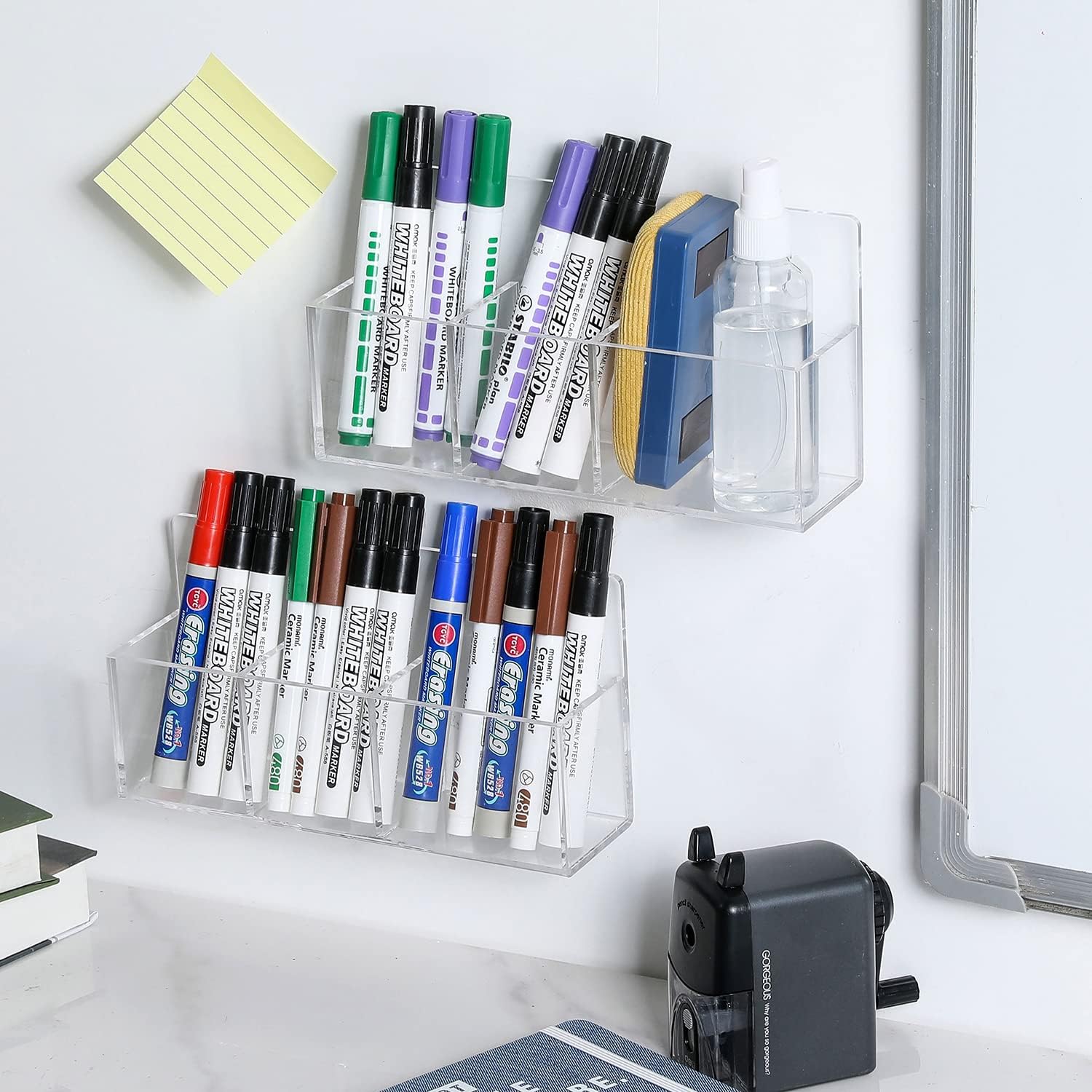 MyGift Premium Clear Acrylic Wall Mounted Dry Erase Marker and Eraser Holder Rack with 3 Compartments, Office Supplies Holder Whiteboard Accessories Storage Rack, Set of 2