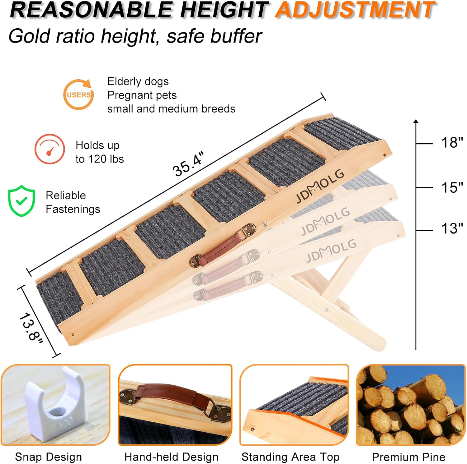 JDMOLG Dog Ramp for Bed - Wooden Folding Pet Ramp for Couch Portable Dog Ramps for Small Dogs - Adjustable Dog Ramp Bed Height from 13" to 18" with Non-Slip Traction Surface