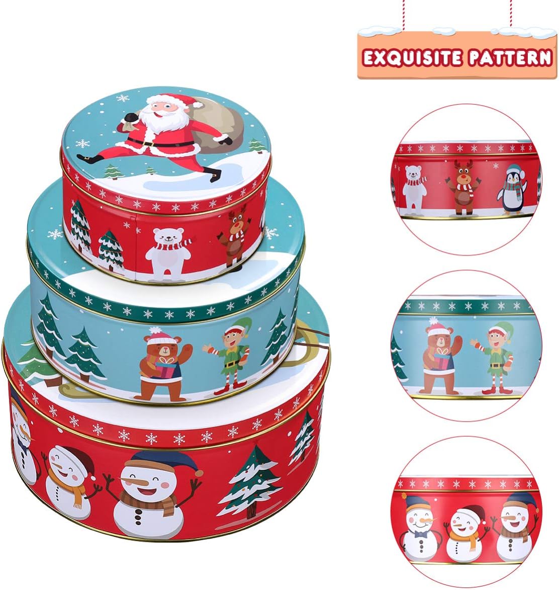HEMOTON Premium Christmas Tinplate Cookie Tins Set of 3 - Decorative Cookie Gift Tins, Candies Biscuits Treat Boxes Small Gift Case