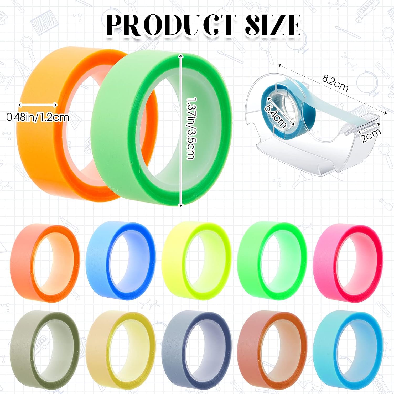 Outus 20 Roll 10 Colours Highlighter Tape Removable 1/2 Inch x 16.4 ft Per Roll Fluorescent Neon Tapes Tape Refills Highlighting Strips with Tape Dispensers for Teacher Student Reading Office Supplies