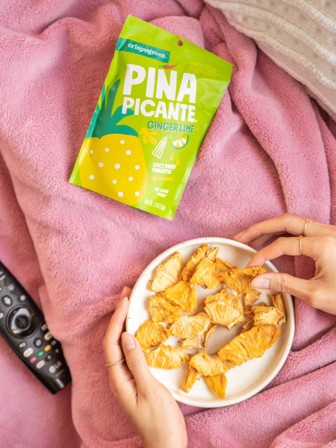 Crispy Green Pina Picante, Ginger Lime Dried Pineapple, Healthy Real Fruit Snacks, 1.76 Ounce, 12 Single Serve Bags