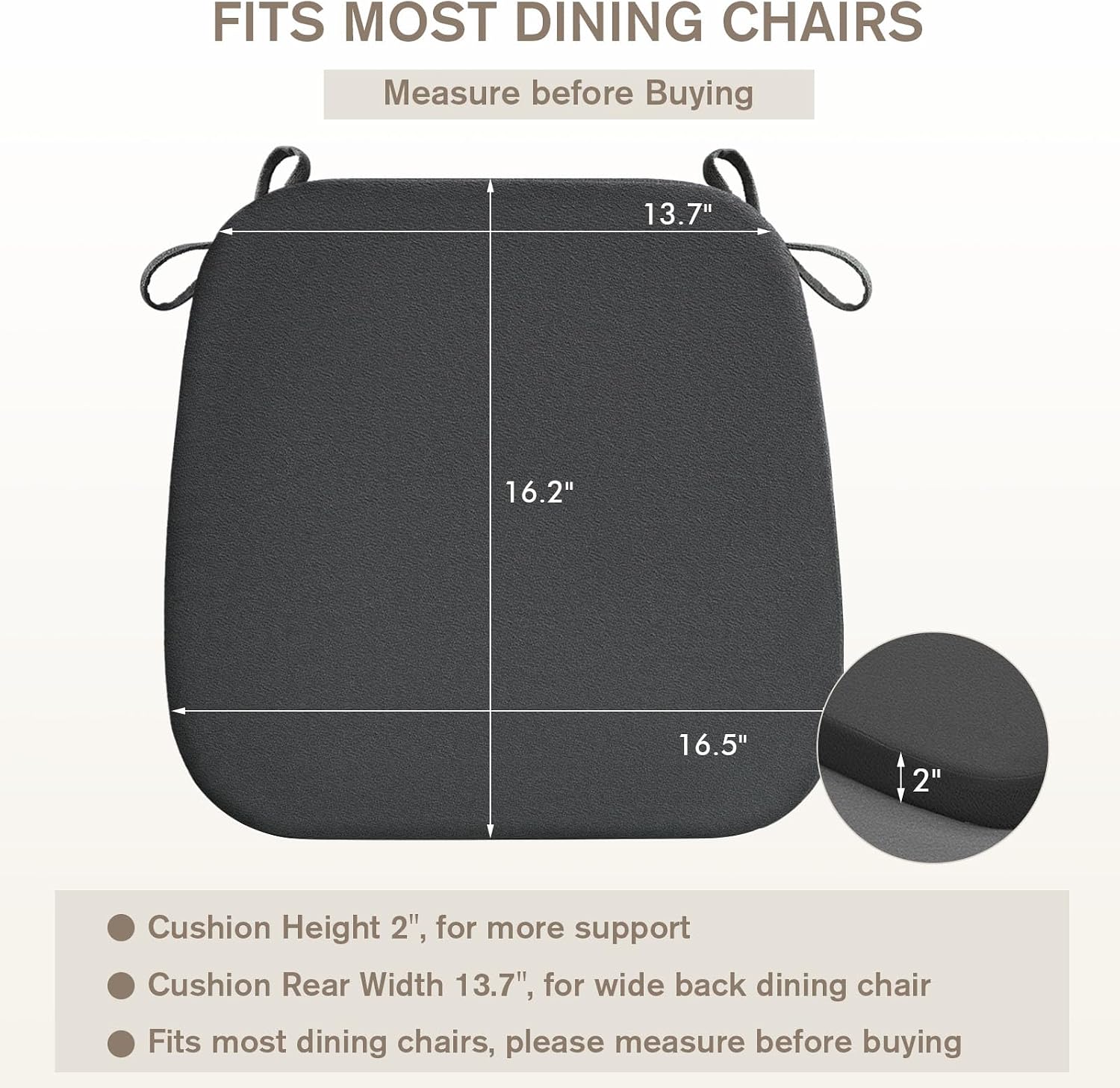 HAVARGO Chair Cushions for Dining Chairs with Bamboo Charcoal Foam [16.5x16.2 Inches] Kitchen Chair Pads Indoor Seat Cushions for Dining Chairs, 2" Thick Dining Room Chair Cushions Set of 4 Dark Grey