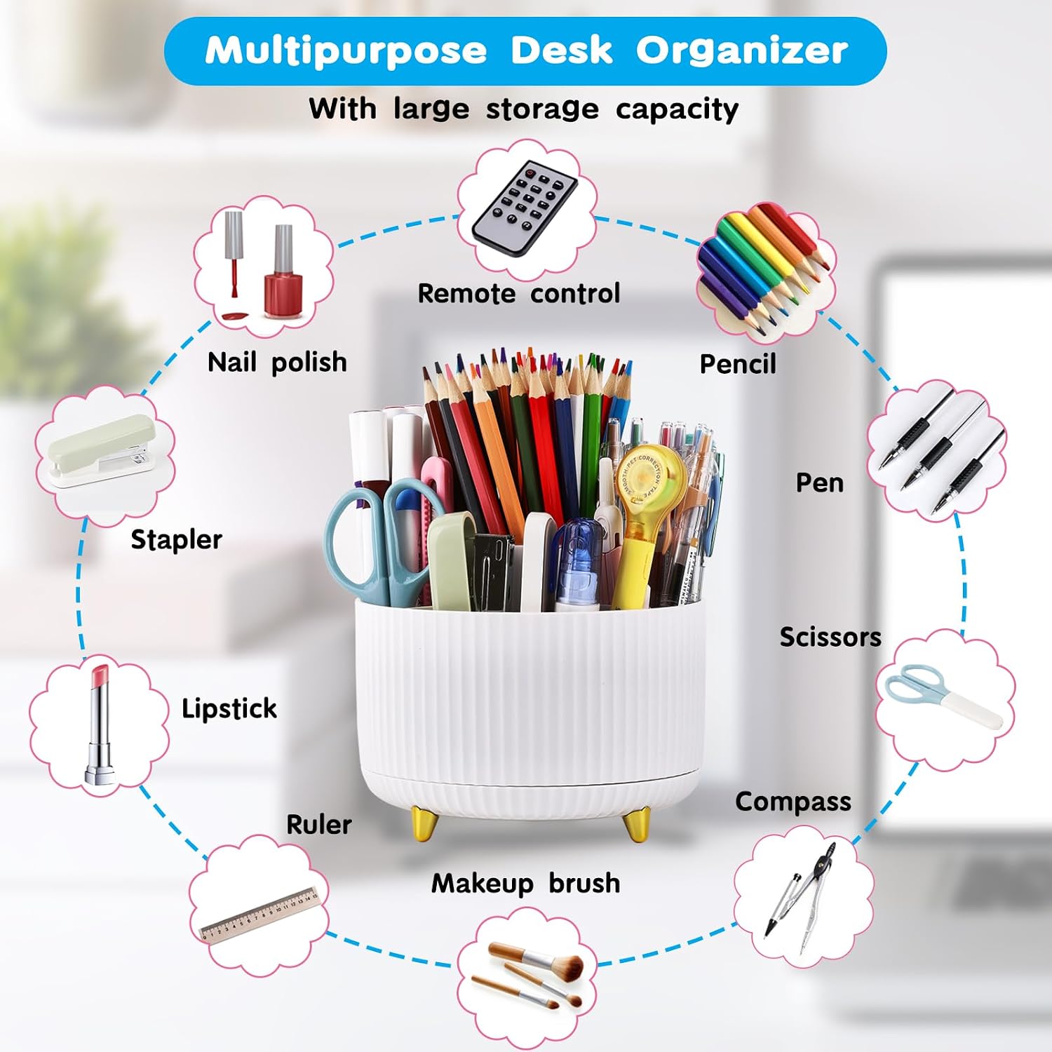 XHEHOY Pencil Pen Holder for Desk, 360 Degree Rotating Desk Organizers with 5 Slots, Cute Pen Cup for Office, School, Home and Art Supply, Desktop Storage Stationery Supplies Organizer, White
