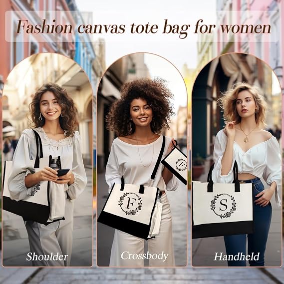 QLOVEA Initial Canvas Beach Tote Bag with Makeup Bag, Personalized Gifts for Women Mom Friends Teacher Bridesmaid Sister