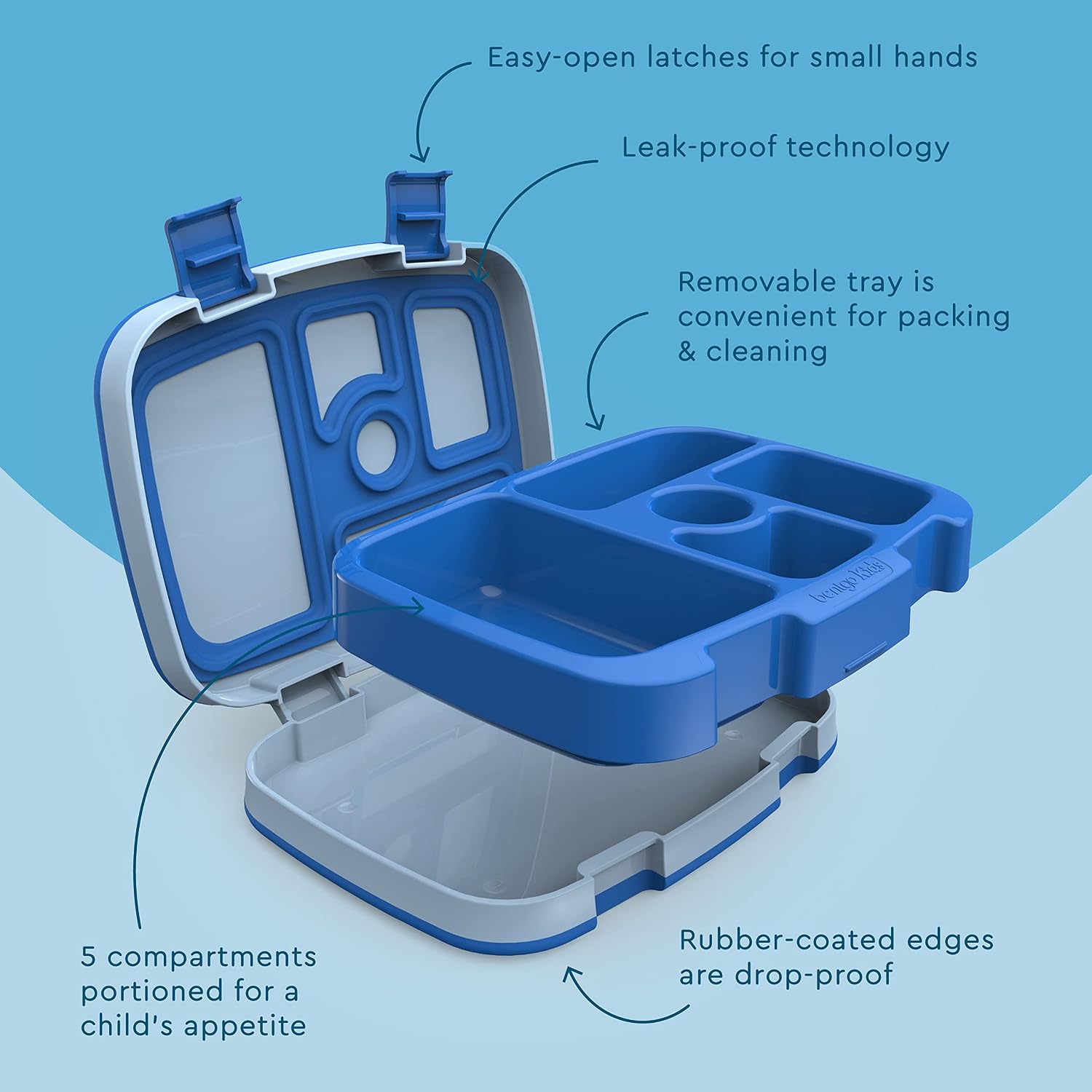 Bentgo  Kids Bento-Style 5-Compartment Lunch Box - Ideal Portion Sizes for Ages 3 to 7 - Leak-Proof, Drop-Proof, Dishwasher Safe, BPA-Free, & Made with Food-Safe Materials (Blue)
