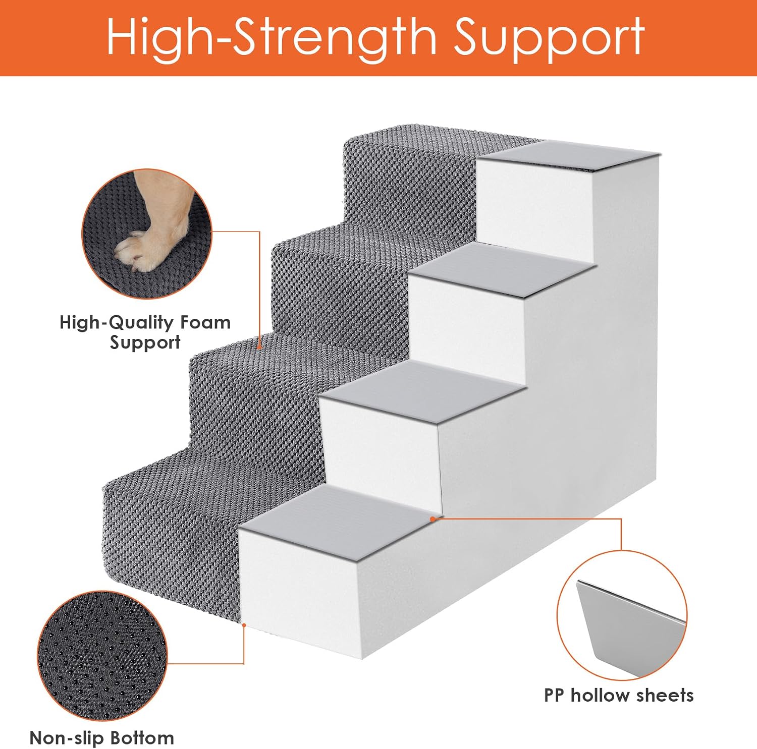 EHEYCIGA Dog Stairs for Small Dogs, 4-Step Dog Stairs for High Beds and Couch, Folding Pet Steps for Small Dogs and Cats, and High Bed Climbing, Non-Slip Balanced Dog Indoor Step, Grey, 3/4/5 Steps
