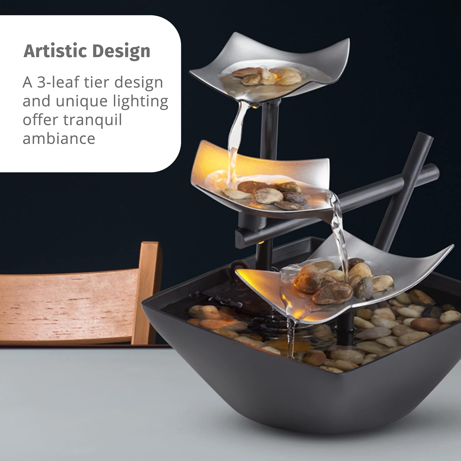 Homedics Tabletop Water Fountain, Home Decor Soothing Sound Machine with Automatic Pump, Deep Basin and Natural River Rocks. Indoor Zen Relaxation for Office, Living Room, or Bedroom Decor. 8.25 Tall