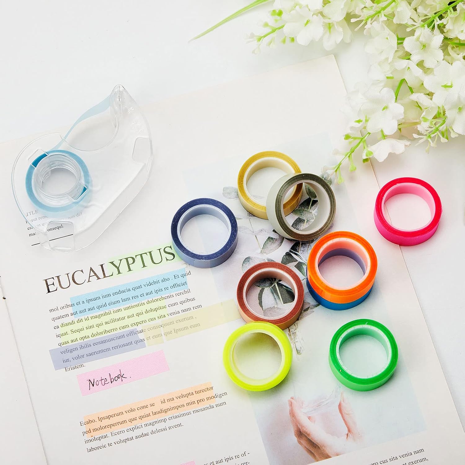 Outus 20 Roll 10 Colours Highlighter Tape Removable 1/2 Inch x 16.4 ft Per Roll Fluorescent Neon Tapes Tape Refills Highlighting Strips with Tape Dispensers for Teacher Student Reading Office Supplies