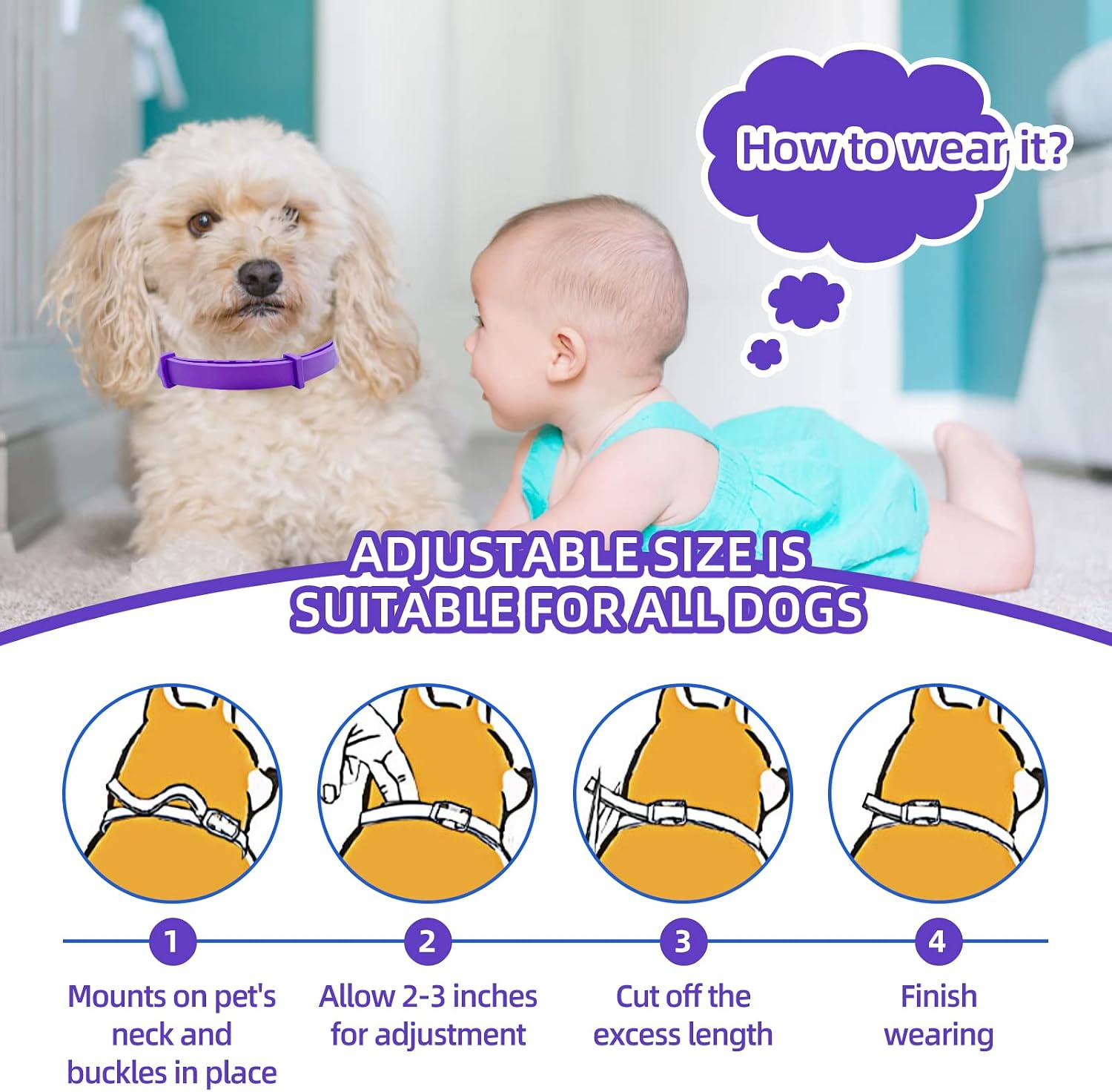 Calming Collar for Dogs 3 Packs, Dog Anxiety Relief, Pheromone Dog Calming Collar, Adjustable Relax Comfortable Collar Separation Design for All Small, Medium, and Large Dogs (Purple)