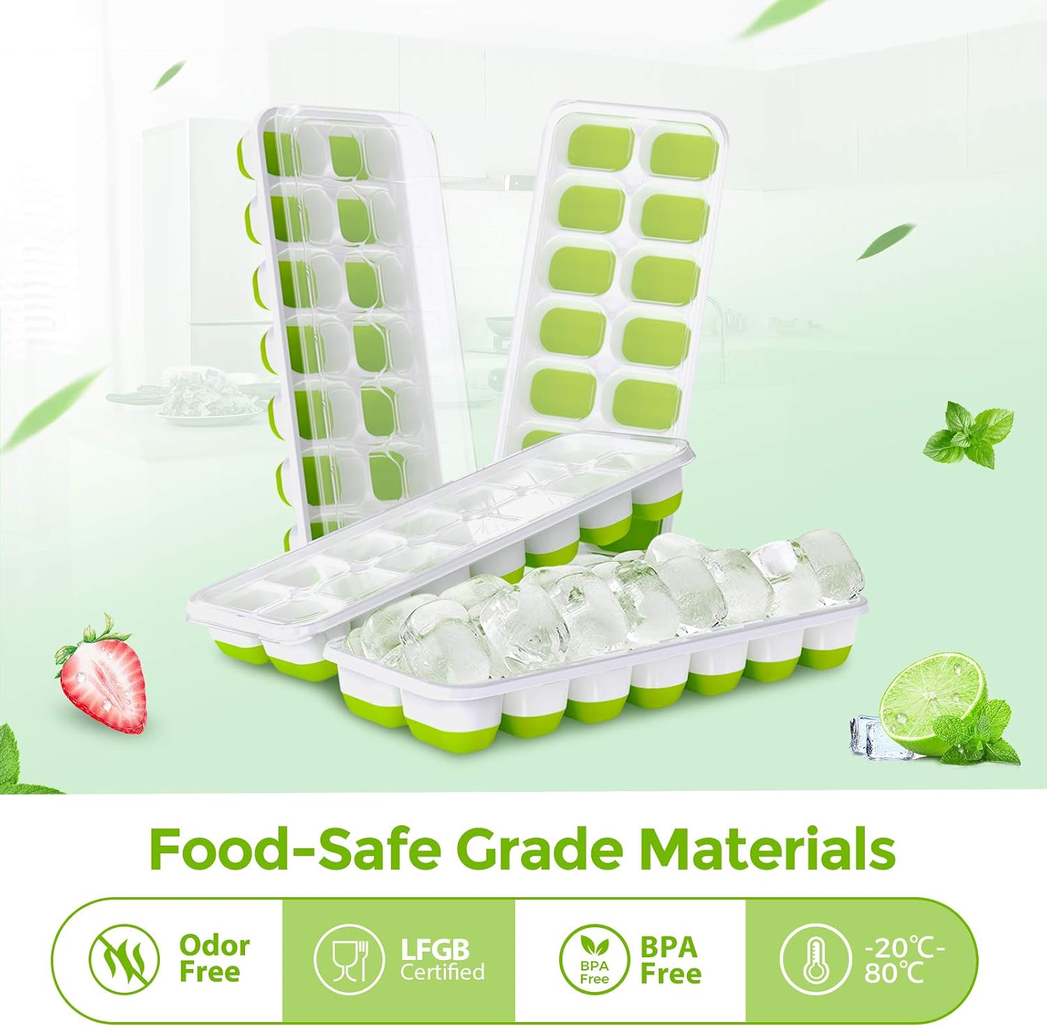 DOQAUS Ice Cube Trays 4 Pack, Easy-Release Silicone & Flexible 14-Ice Cube Trays with Spill-Resistant Removable Lid, LFGB Certified and BPA Free, for Cocktail, Freezer, Stackable Ice Trays with Covers