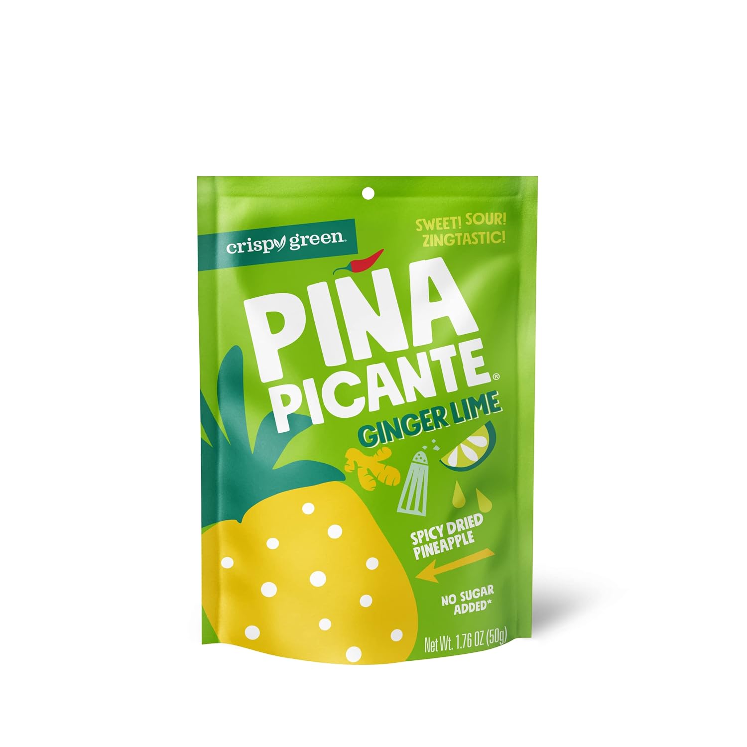 Crispy Green Pina Picante, Ginger Lime Dried Pineapple, Healthy Real Fruit Snacks, 1.76 Ounce, 12 Single Serve Bags