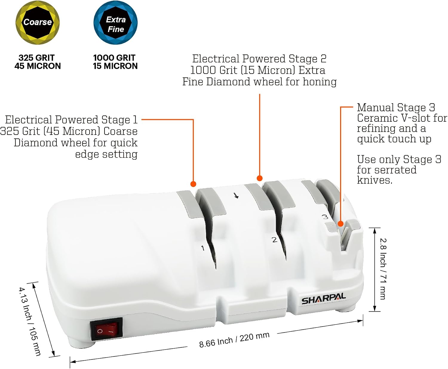 SHARPAL 198H Electric Knife Sharpener - 3 Stage Professional Knife Sharpening System with Diamond Wheels, Sharpening Double-Beveled Straight Edge and Serrated Knives, Quick Razor-Sharp Results, 65db