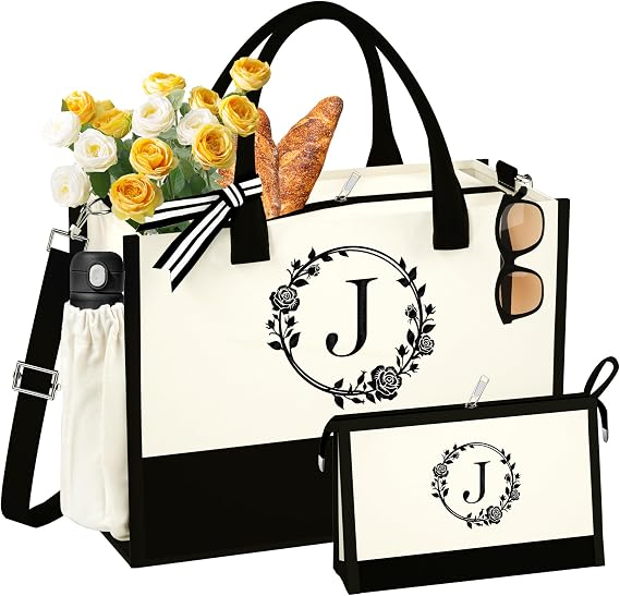 QLOVEA Initial Canvas Beach Tote Bag with Makeup Bag, Personalized Gifts for Women Mom Friends Teacher Bridesmaid Sister