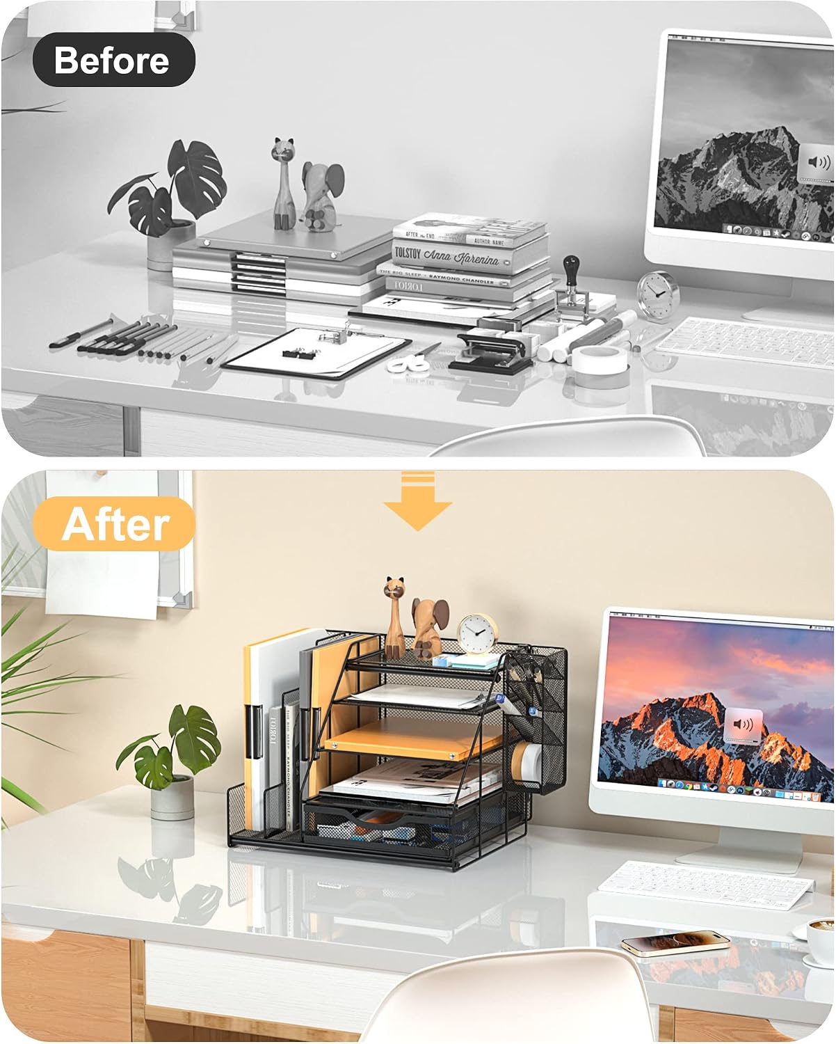 Egepon Office Desk Organizer with Vertical File Folder Holders 5-Tier Paper Letter Tray with Drawer and Hanging Pen Holder Multifunction Office Supplies and Accessories for Office School Home