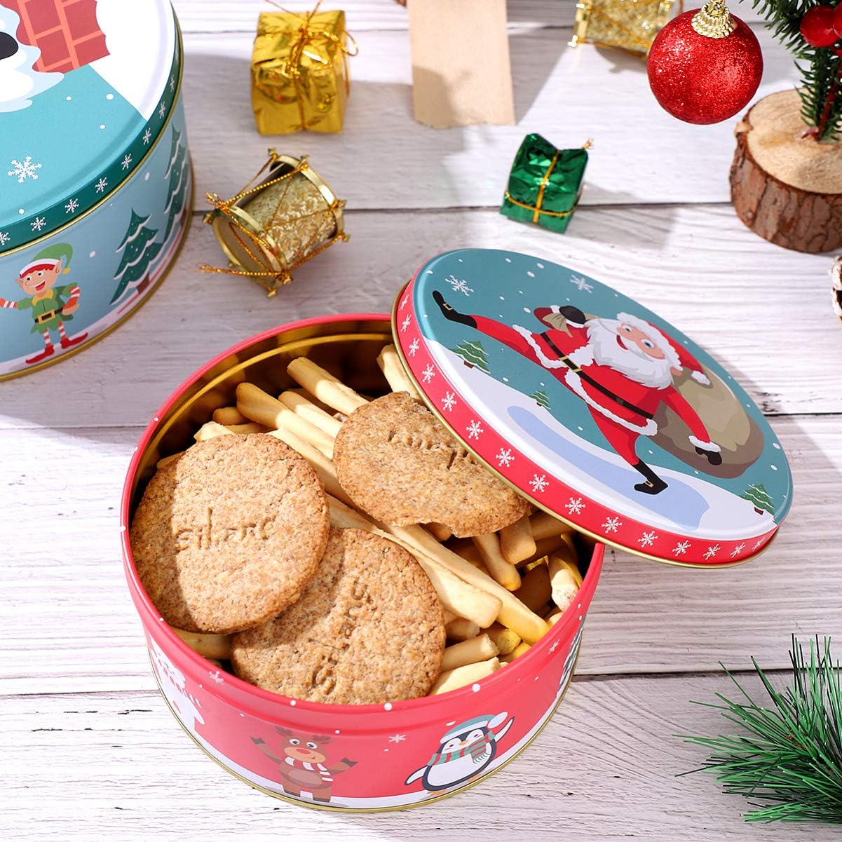 HEMOTON Premium Christmas Tinplate Cookie Tins Set of 3 - Decorative Cookie Gift Tins, Candies Biscuits Treat Boxes Small Gift Case