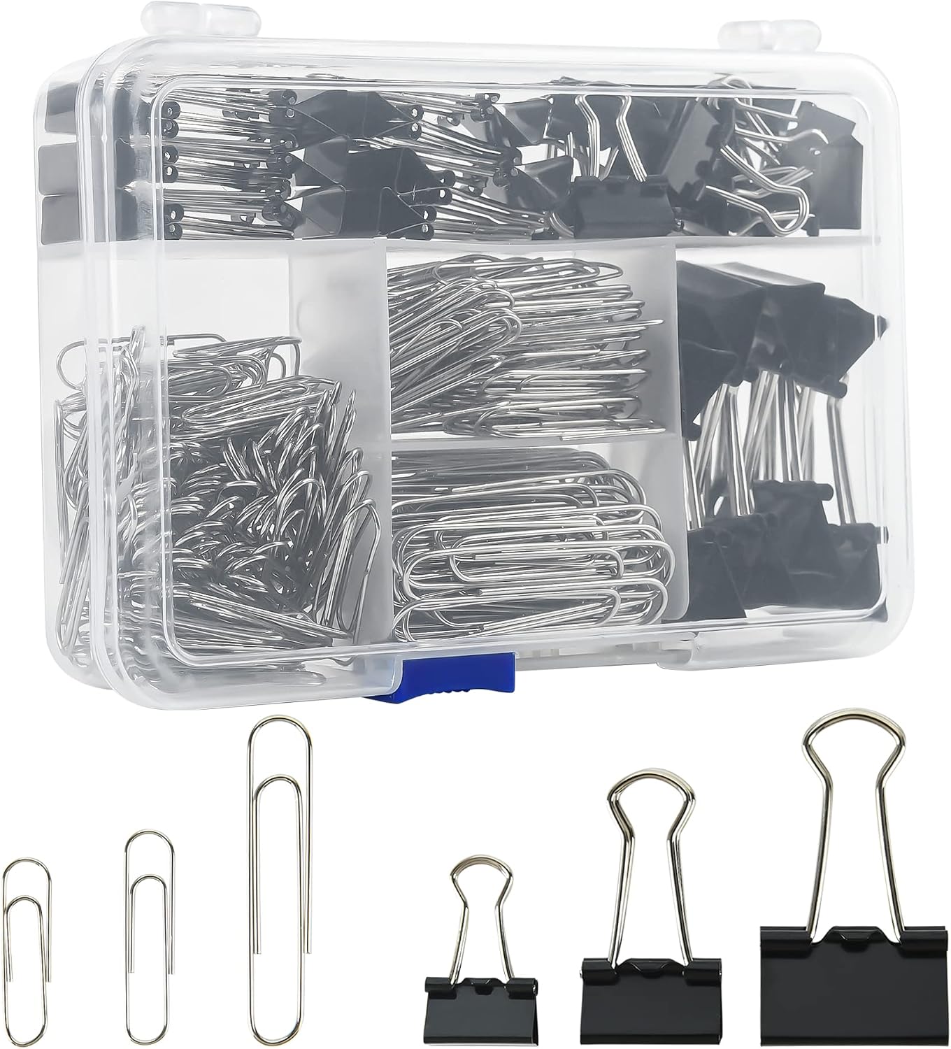 Binder Clips Paper Clips, 340pcs Black Binder Clips Sliver Paperclips Set, Paper Clamps for Office, School Supplies, Assorted Sizes Large, Medium, Small Metal Clips in Container with Compartments