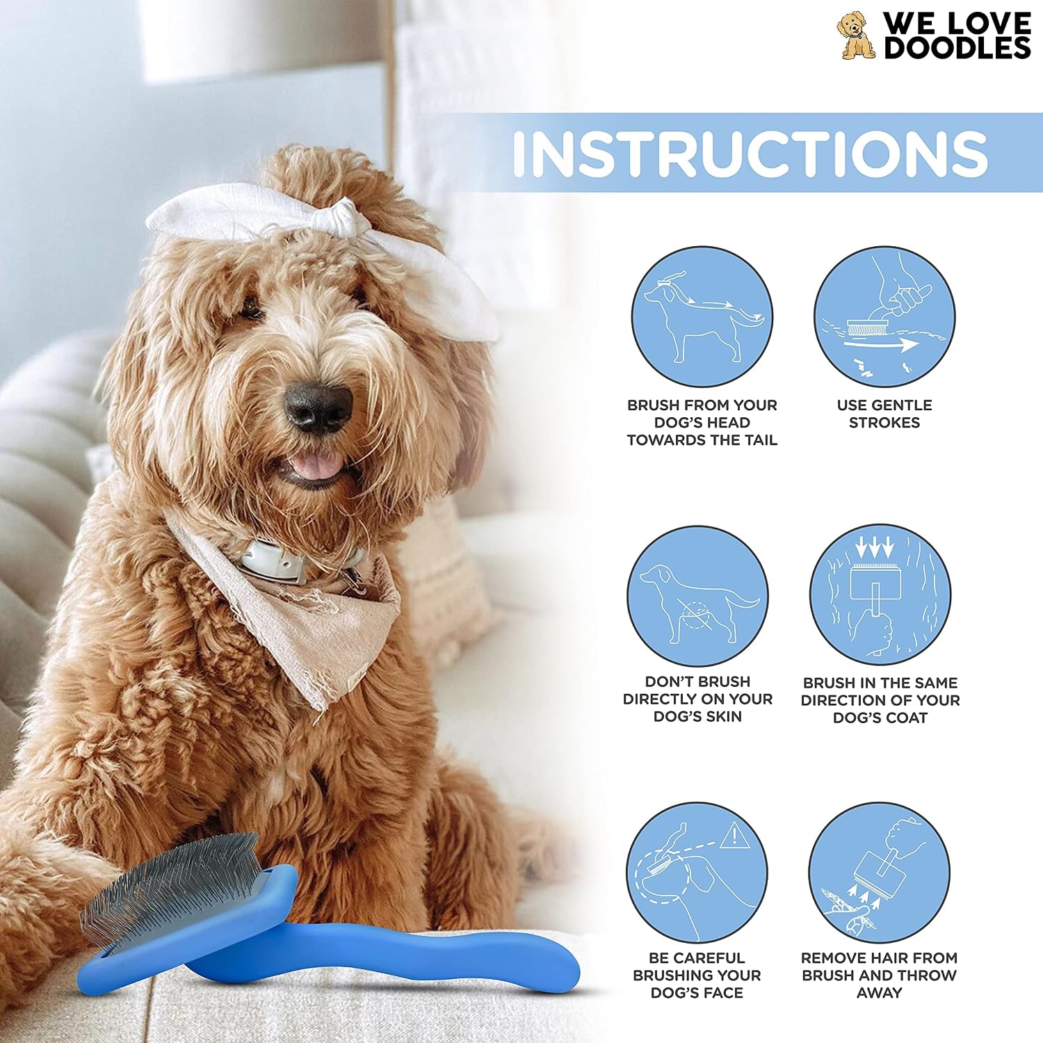 We Love Doodles Dog Slicker Brush - Dog Doodle Brush for Grooming Pet Hair Dog Brush - Poodle Brush for Shedding Medium & Long Haired Dogs Slicker Brush - Goldendoodle Long Pin Brush for Dogs (Large)