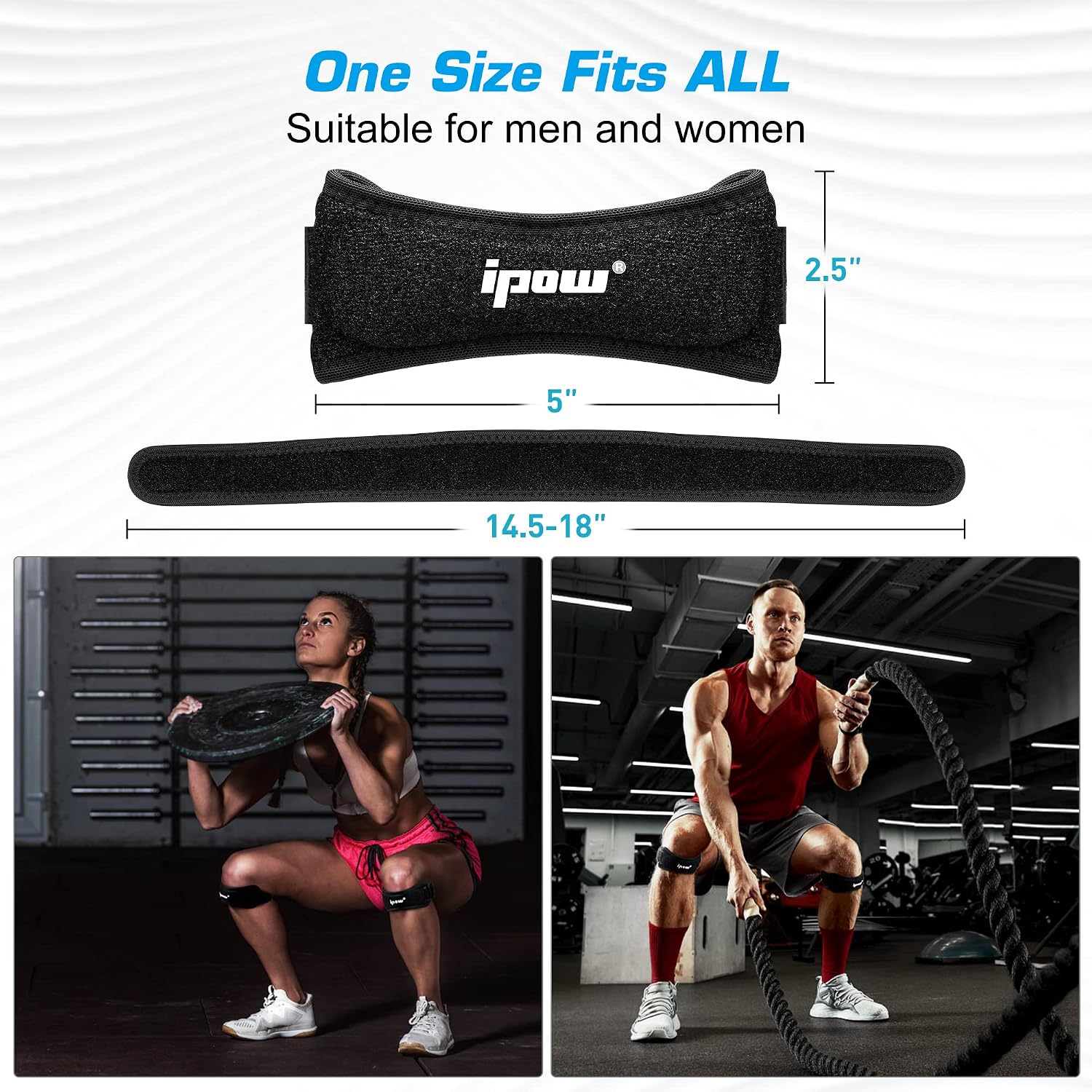IPOW 2 Pack Knee Pain Relief & Patella Stabilizer Knee Strap Brace Support for Hiking, Soccer, Basketball, Running, Jumpers Knee, Tennis, Tendonitis, Volleyball & Squats, Black