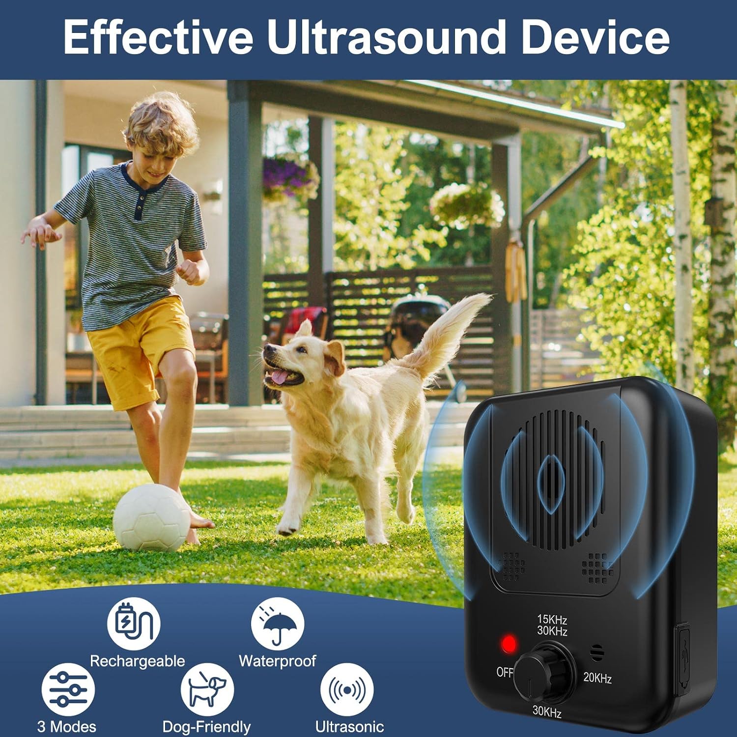 Anti Barking Device, Auto Dog Barking Control Devices with 3 Modes, Waterproof Bark Dog Deterrent Box, Rechargeable Ultrasonic Dog Barking Deterrent for Indoor & Outdoor Dogs, Safe for Dogs & People
