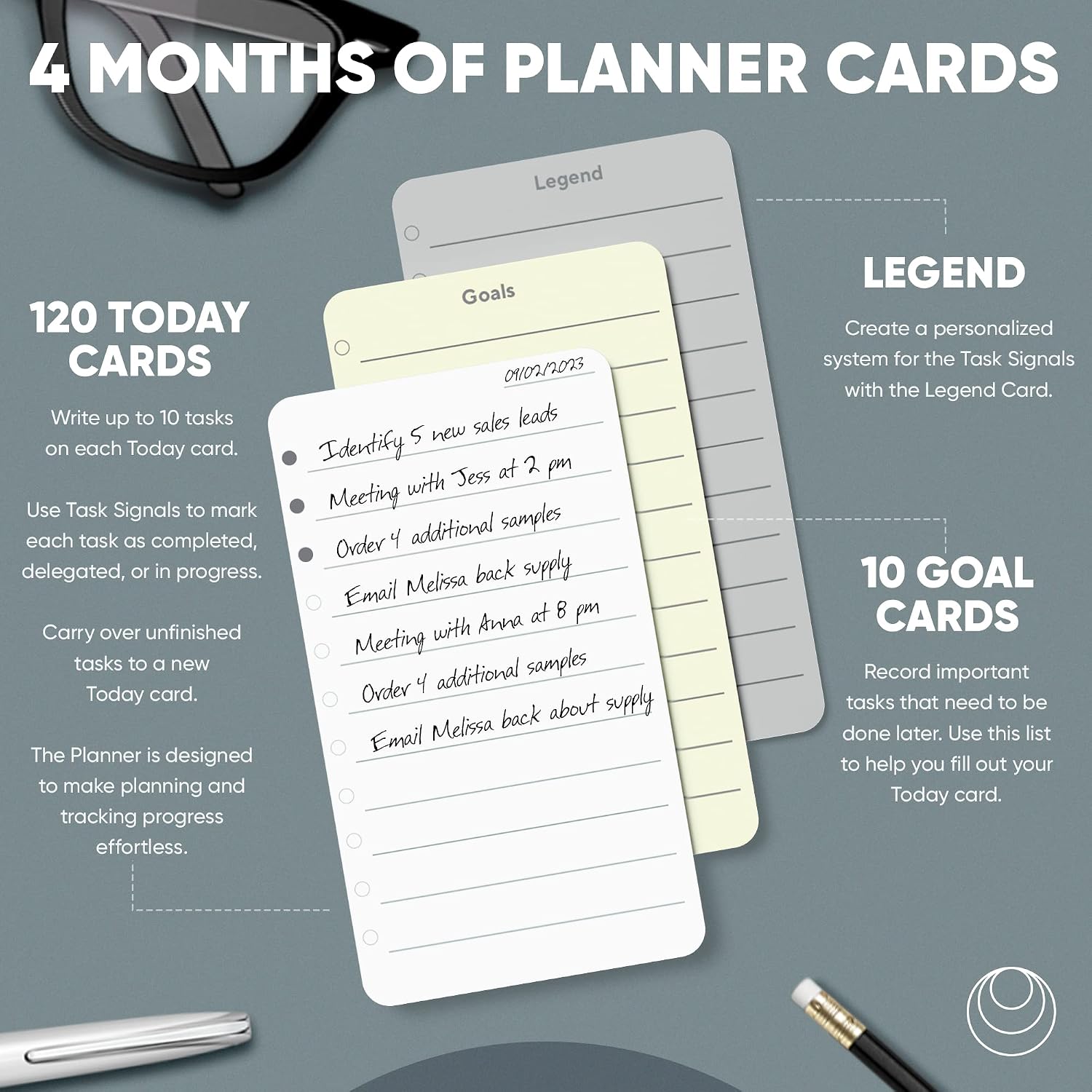 Undated Daily Productivity Planner Checklist - 120 To Do List Cards, 10 Goal Setting Cards, Walnut Stand and Card Holder - Perfect Note Pads for Work Desk - ADHD Office Accessories - Effective Task Analog Organizer Notebook