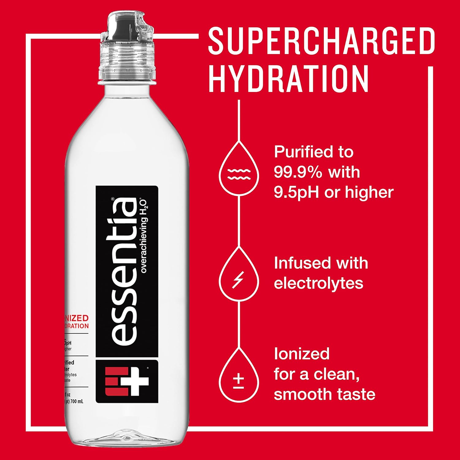 Essentia Bottled Water, Ionized Alkaline Water; 99.9% Pure, Infused with Electrolytes, 9.5 pH or Higher with a Clean, Smooth Taste, 23.67 Fl Oz (Pack of 24)