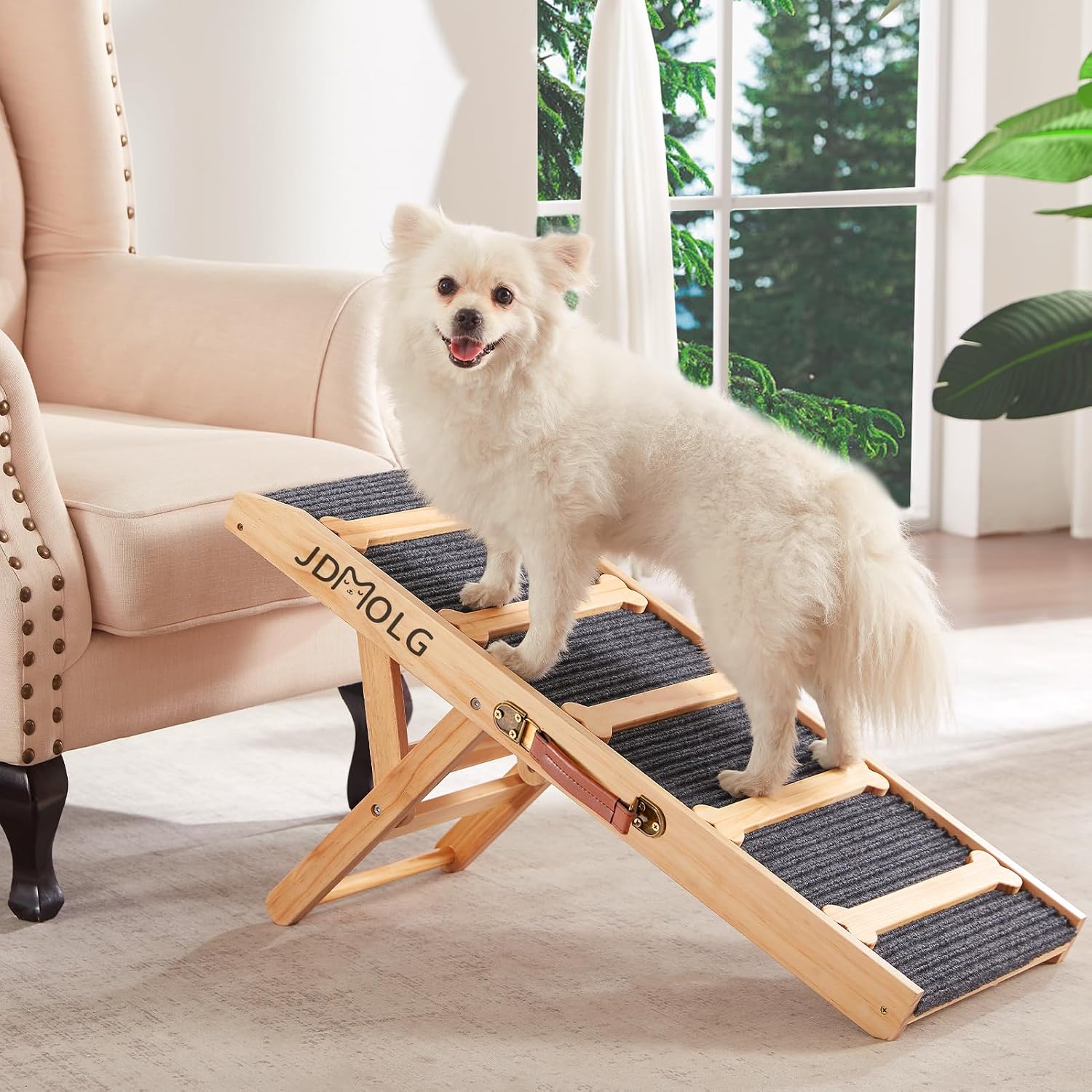 JDMOLG Dog Ramp for Bed - Wooden Folding Pet Ramp for Couch Portable Dog Ramps for Small Dogs - Adjustable Dog Ramp Bed Height from 13" to 18" with Non-Slip Traction Surface