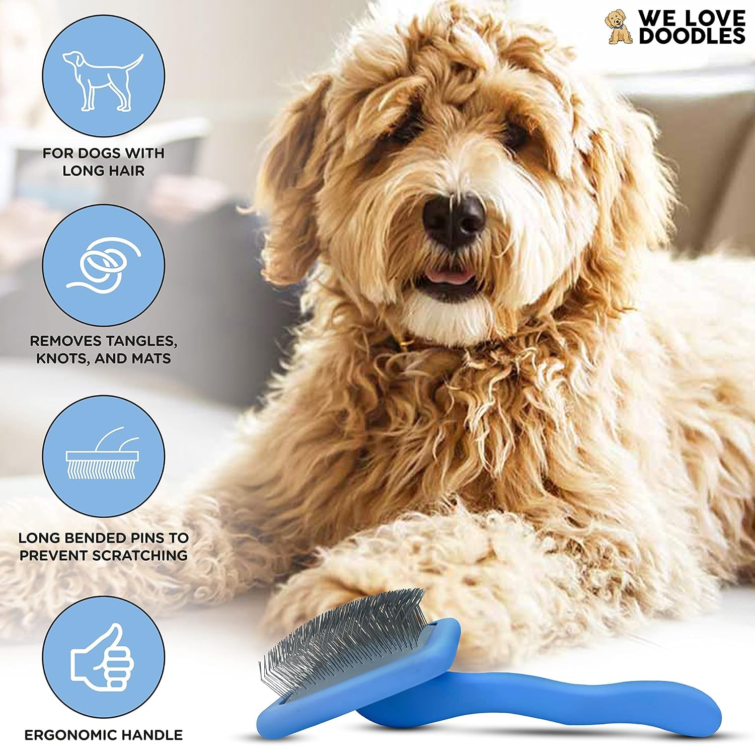 We Love Doodles Dog Slicker Brush - Dog Doodle Brush for Grooming Pet Hair Dog Brush - Poodle Brush for Shedding Medium & Long Haired Dogs Slicker Brush - Goldendoodle Long Pin Brush for Dogs (Large)