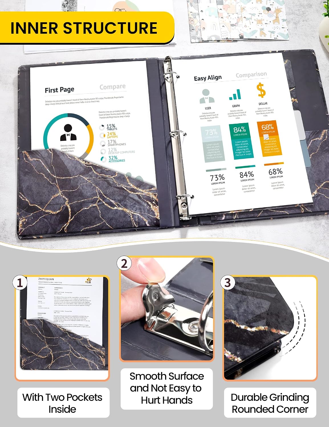 3 Ring Binder 1 Inch, SUNEE Marble Binder with 2 Pockets, Decorative Black Marble Three Ring Binder Heavy Duty (Fit 8.5x11 Inches) for School Supplies, Office Binder Supplies