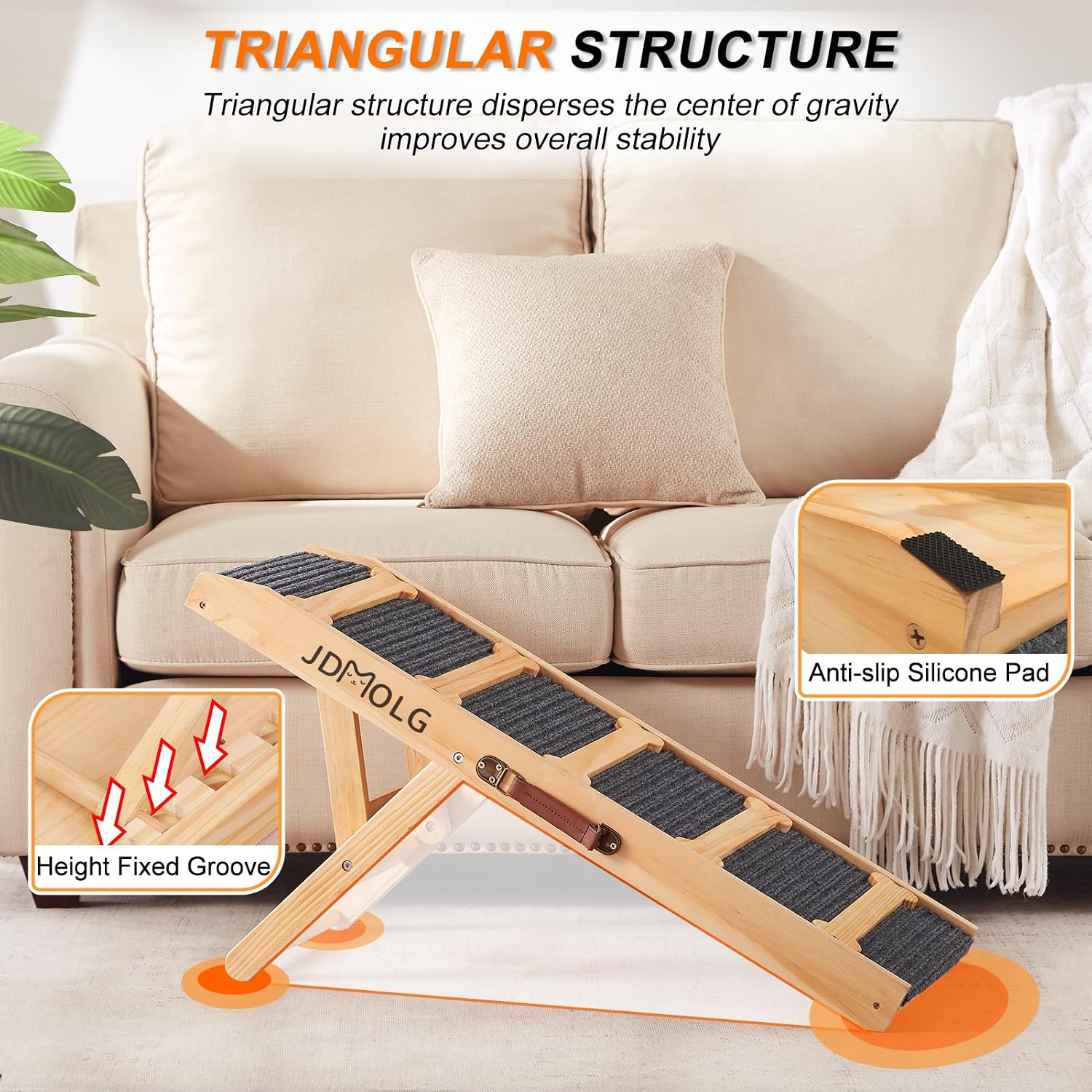 JDMOLG Dog Ramp for Bed - Wooden Folding Pet Ramp for Couch Portable Dog Ramps for Small Dogs - Adjustable Dog Ramp Bed Height from 13" to 18" with Non-Slip Traction Surface