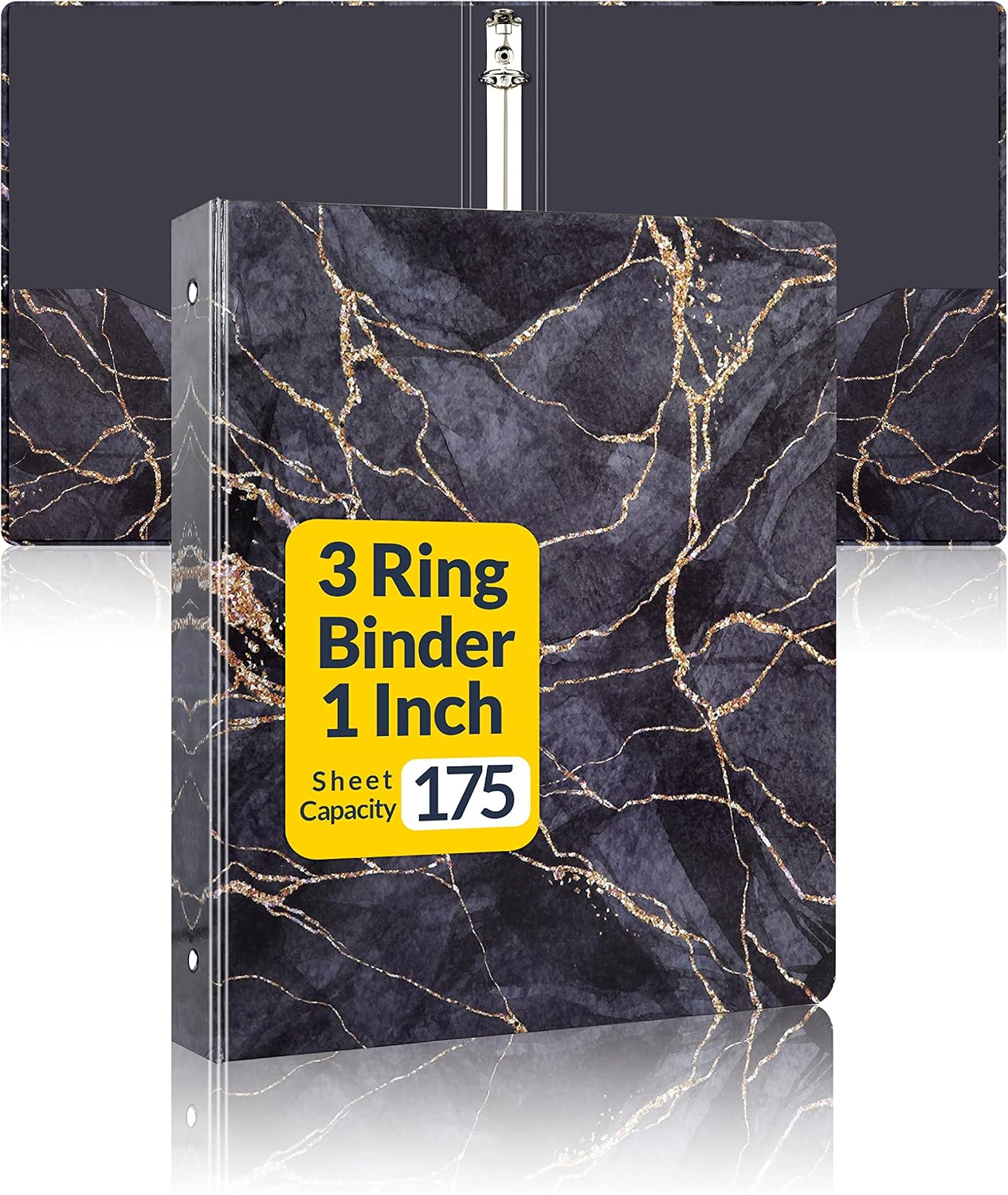 3 Ring Binder 1 Inch, SUNEE Marble Binder with 2 Pockets, Decorative Black Marble Three Ring Binder Heavy Duty (Fit 8.5x11 Inches) for School Supplies, Office Binder Supplies
