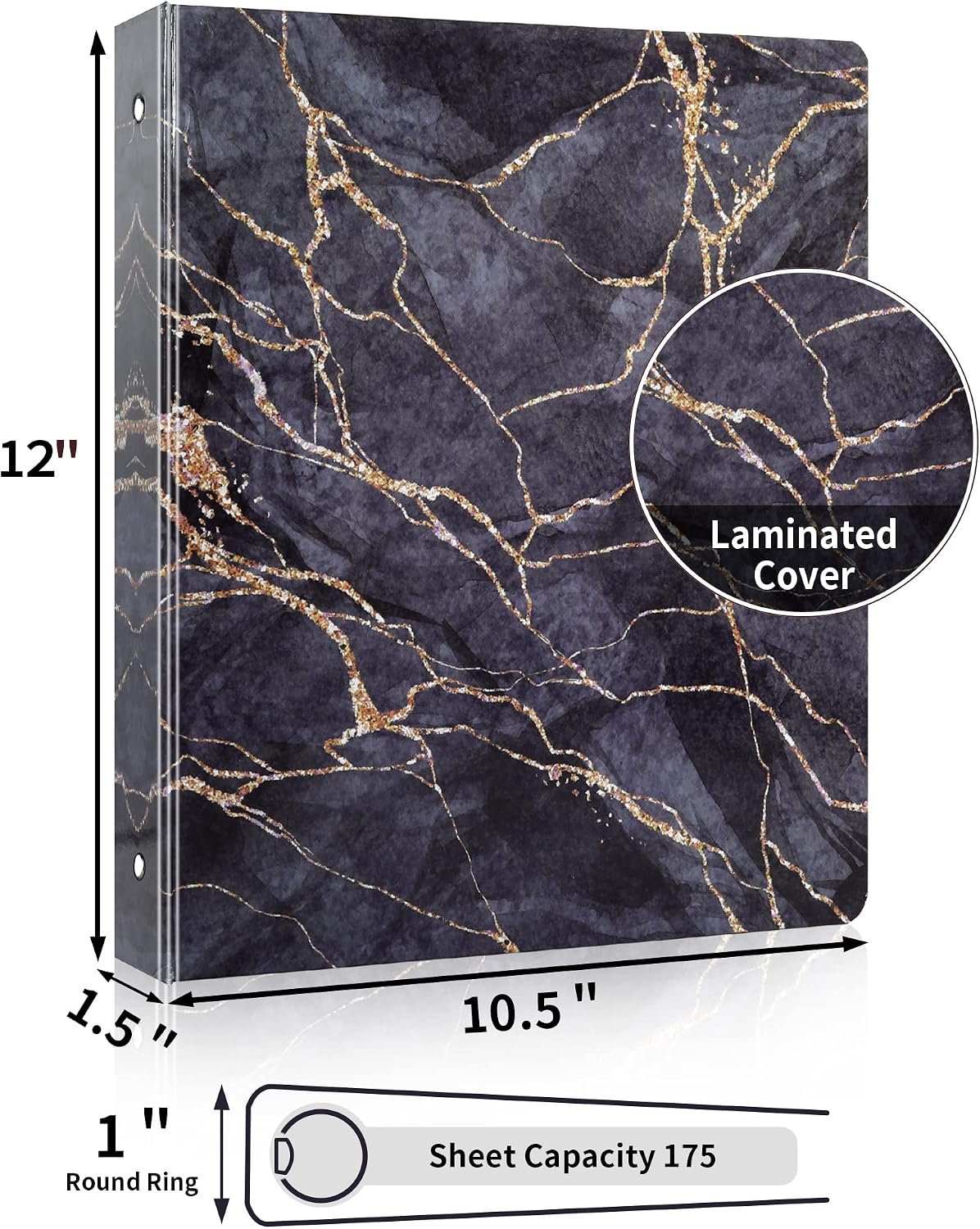 3 Ring Binder 1 Inch, SUNEE Marble Binder with 2 Pockets, Decorative Black Marble Three Ring Binder Heavy Duty (Fit 8.5x11 Inches) for School Supplies, Office Binder Supplies
