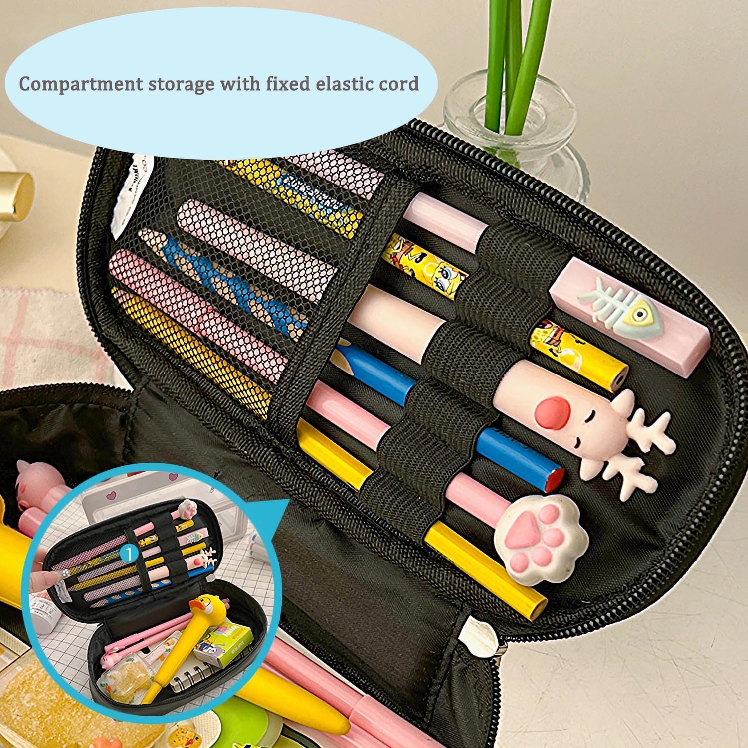 Rjivofa Cute Pencil Case for Girls, Pu Leather Pencil Box Pouch with Zipper (Cartoon Design), Large Capacity Stationery Storage Organizer for School Office Supplies