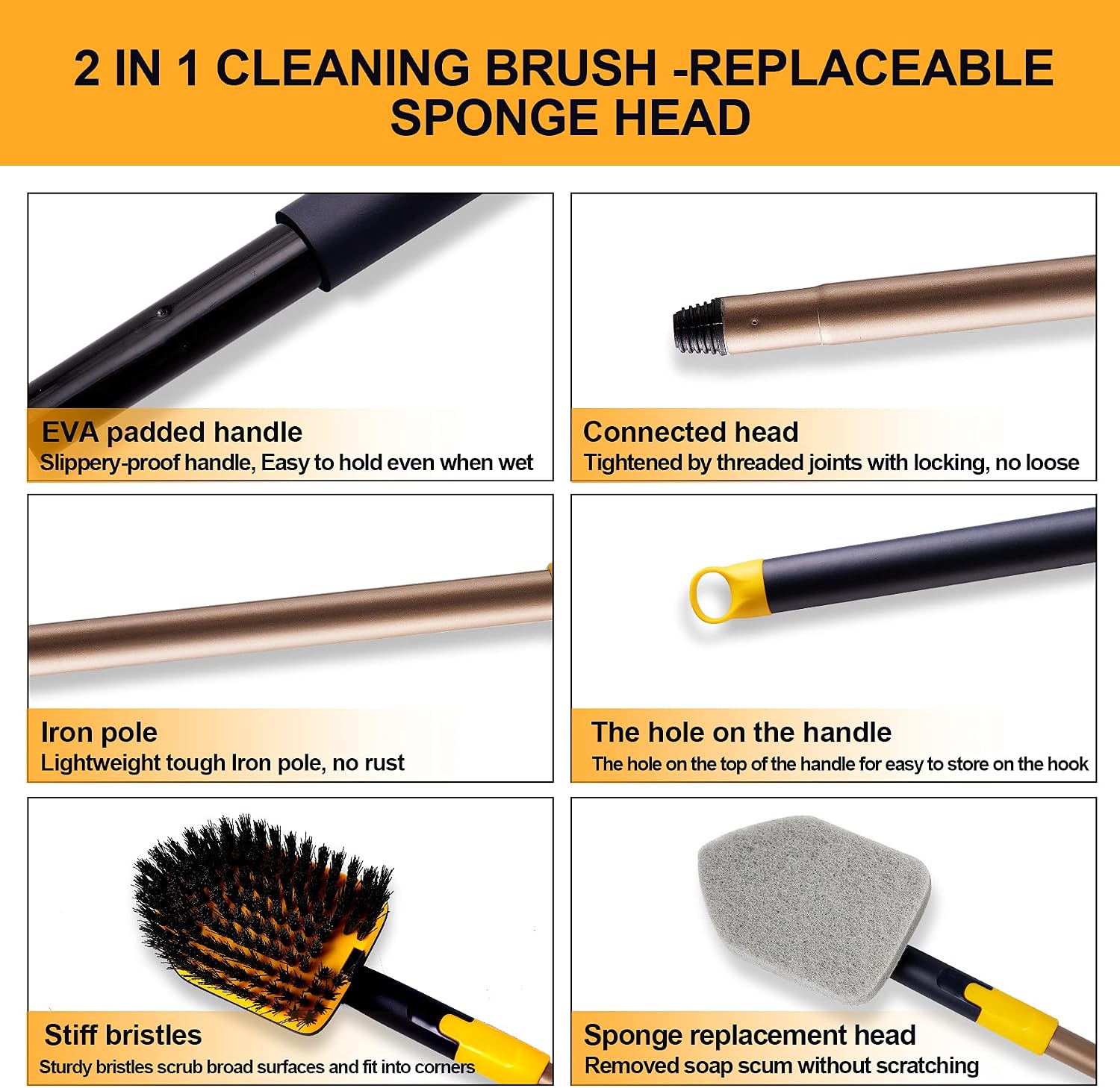 Yocada Tub Tile Scrubber Brush 2 in 1 Cleaning Brush 58.2" Adjustable Telescopic Pole Stiff Bristles Scouring Pads for Cleaning Bathroom Kitchen Toilet Wall Tub Tile Sink Non-Scratch