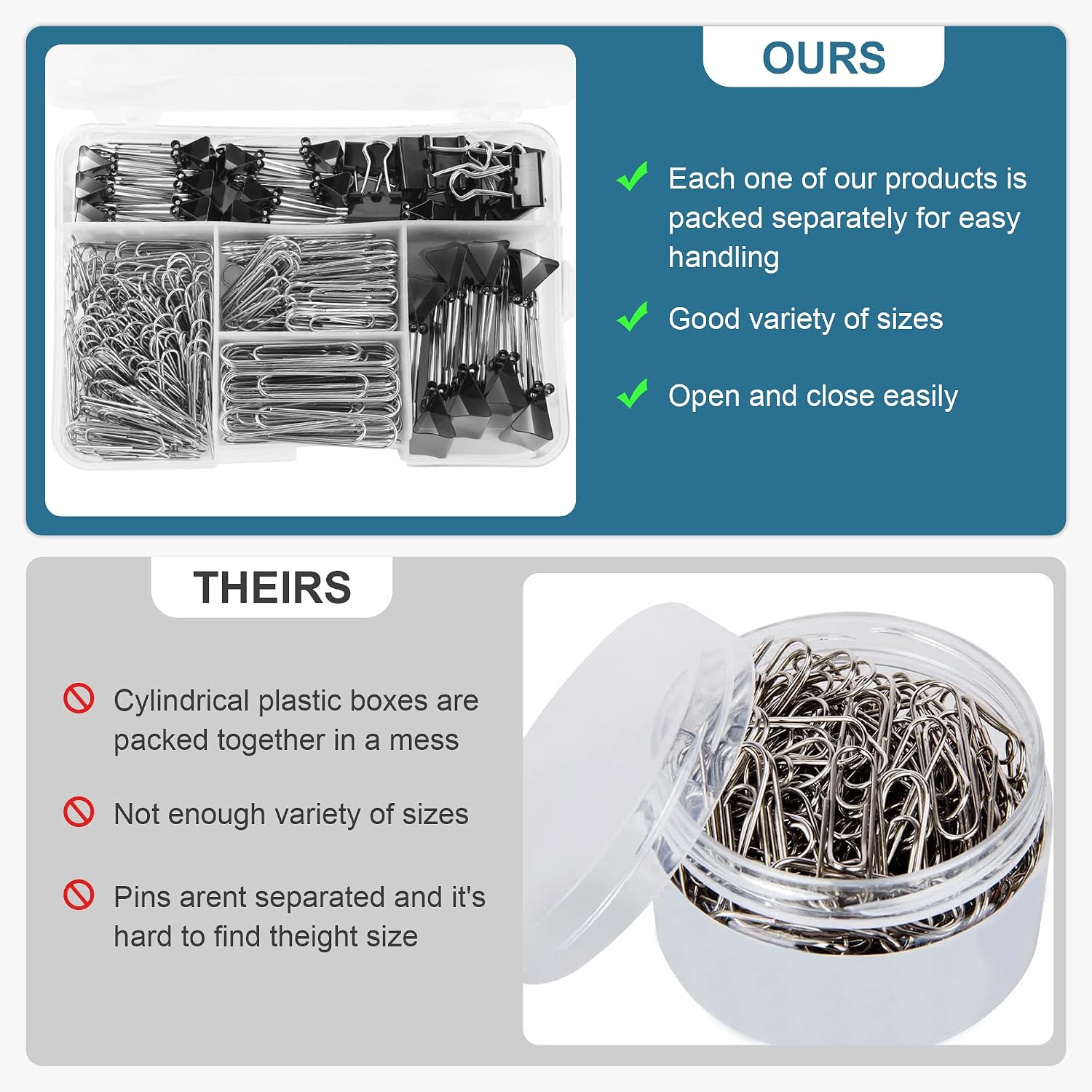 Binder Clips Paper Clips, 340pcs Black Binder Clips Sliver Paperclips Set, Paper Clamps for Office, School Supplies, Assorted Sizes Large, Medium, Small Metal Clips in Container with Compartments