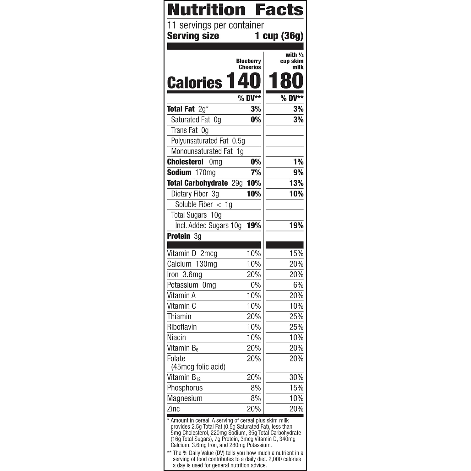 Cheerios Breakfast Cereal, Blueberry, Gluten Free, Whole Grain Oats, 14.2 oz (Pack of 2)