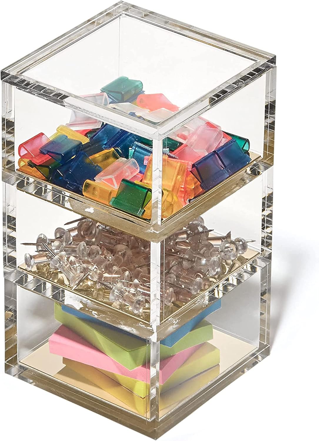 OfficeGoods 3 Tier Stackable Acrylic Organizer w/Gold Base - Functional & Elegant Desk Organizer for Office or Home - Helps Keep All Your Little Bits Together - Gold/Square