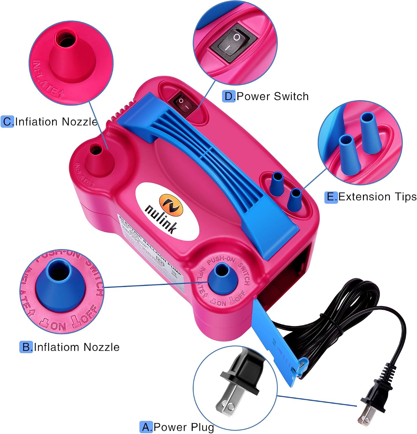 NuLink Electric Portable Dual Nozzle Balloon Blower Pump Inflation for Decoration, Party [110V~120V, 600W, Rose Red]