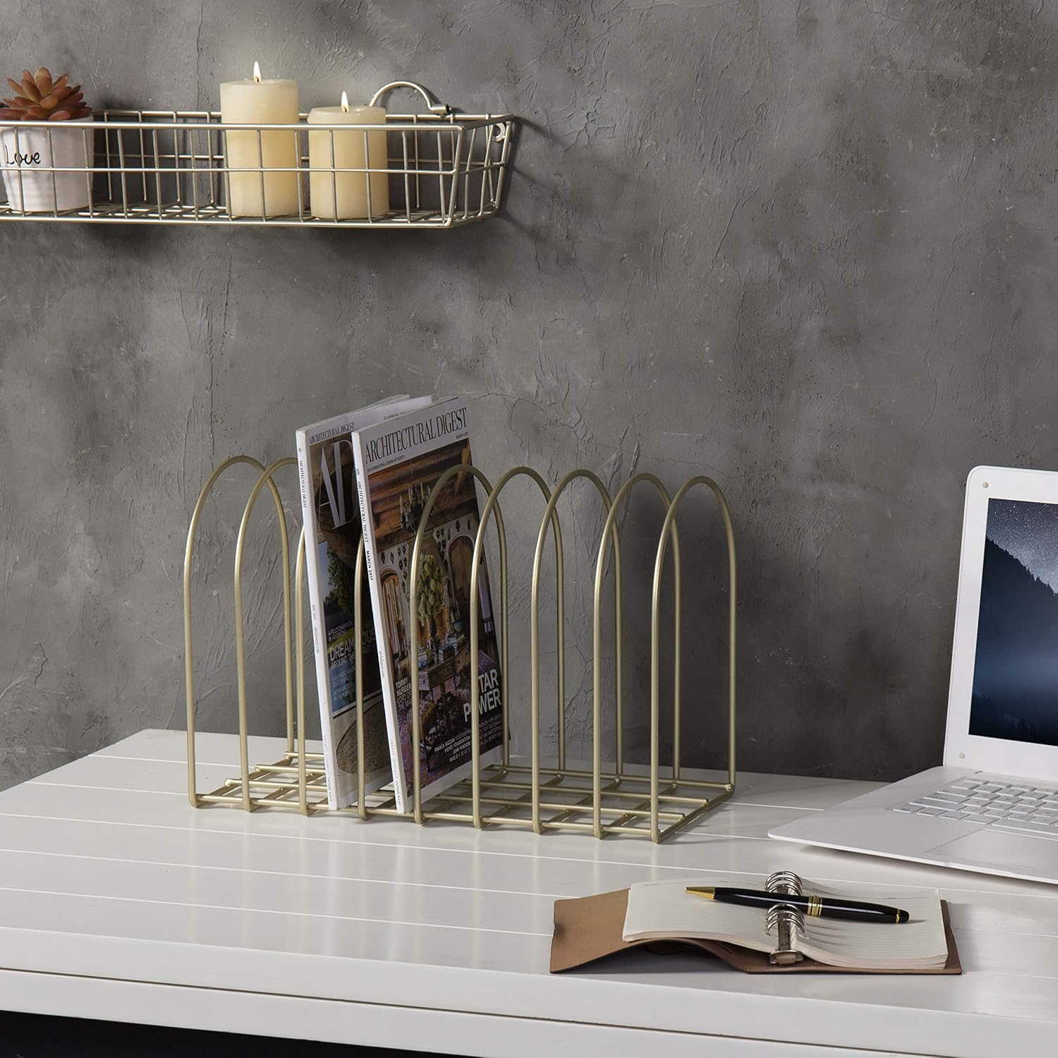 MyGift Large Desktop Document Holder, Brass Metal Wire File Folder Organizer Rack with 8-Slots and Arch Design